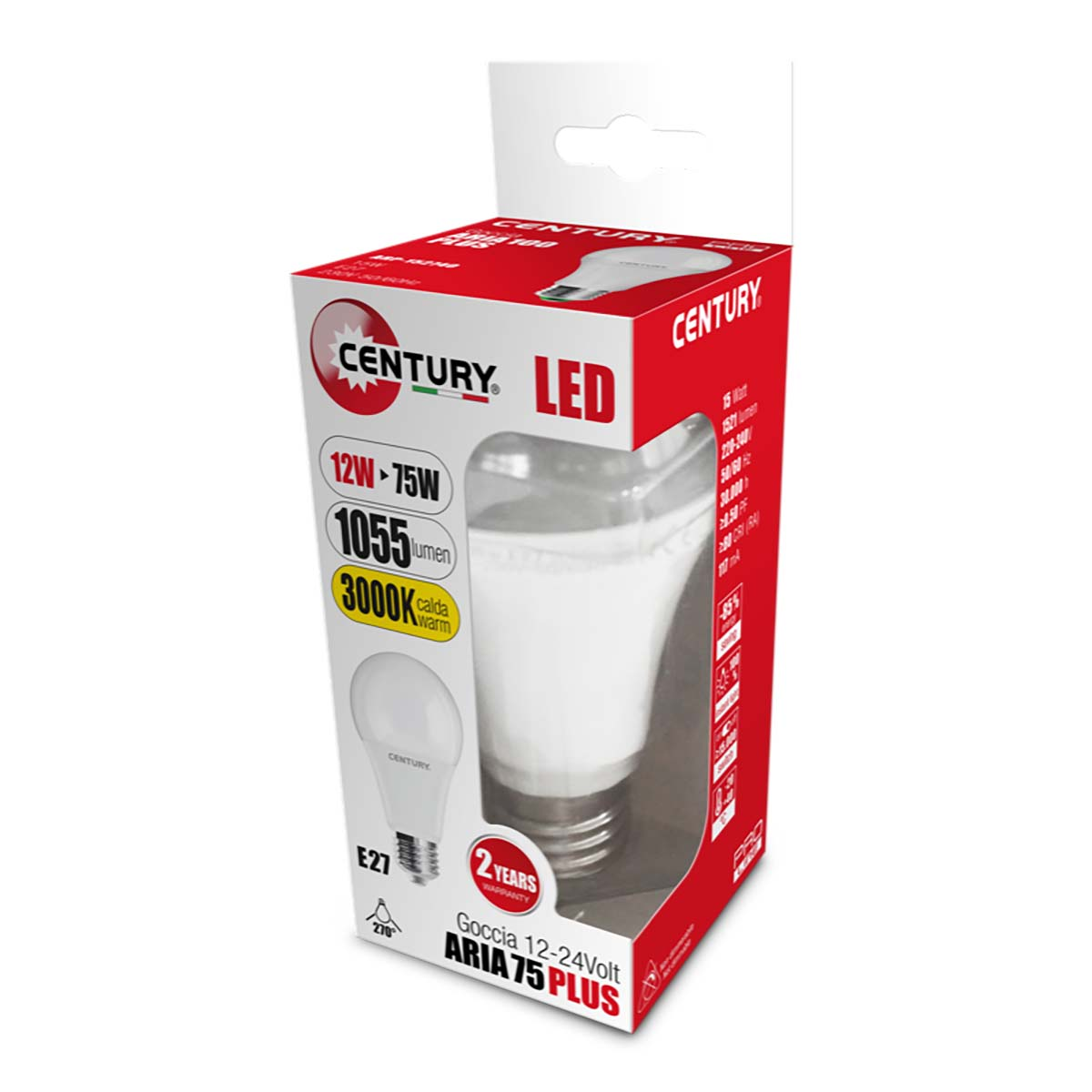 Scatola di lampadina LED rossa e bianca. Mostra la lampadina e dettagli: 12W-75W, 1055 lumen, 3000K. Bianco.