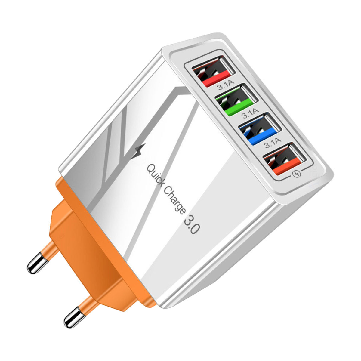 Ein weiß-oranger Netzadapter mit farbcodierten USB-Anschlüssen.