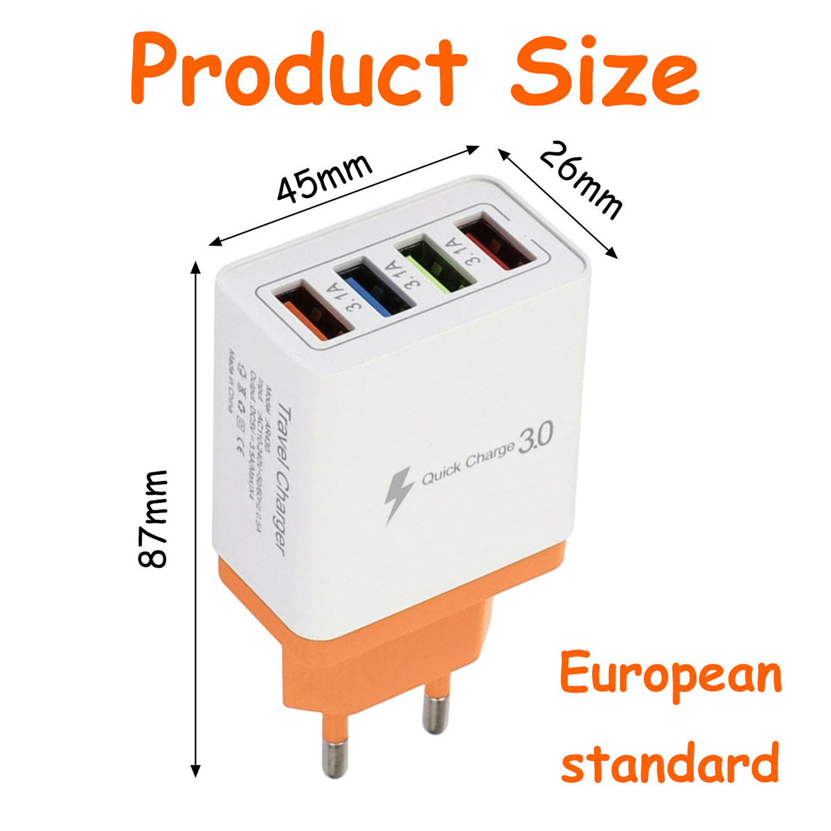 Weißes und oranges Reise-Ladegerät mit Maßangaben. Europäischer Standardstecker.