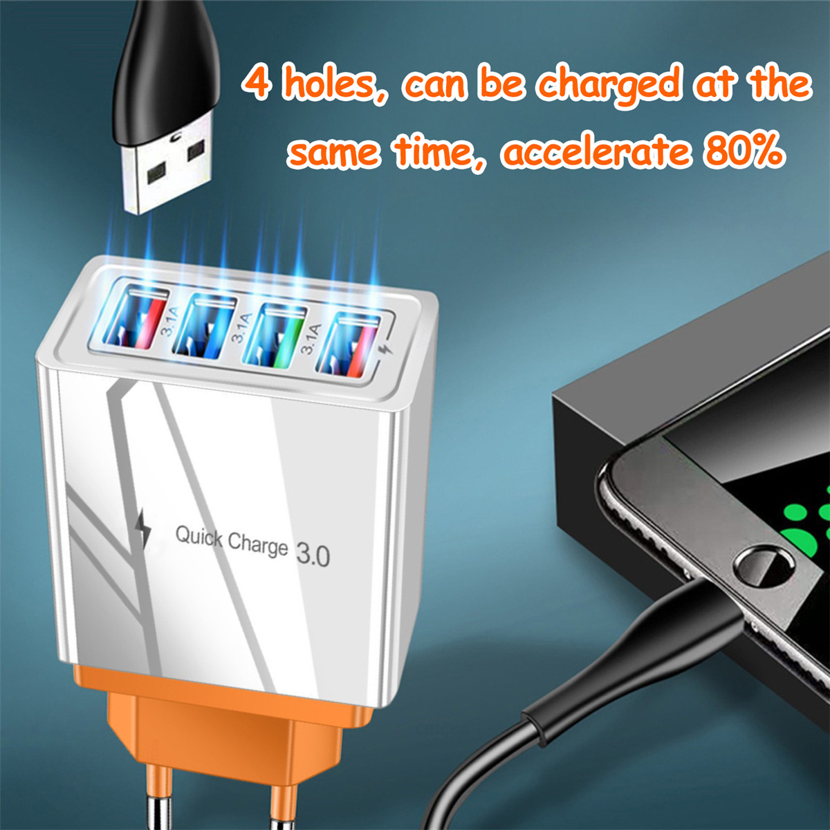 Weißes Ladegerät mit 4 Anschlüssen, lädt Telefon. Text: Quick Charge 3.0.