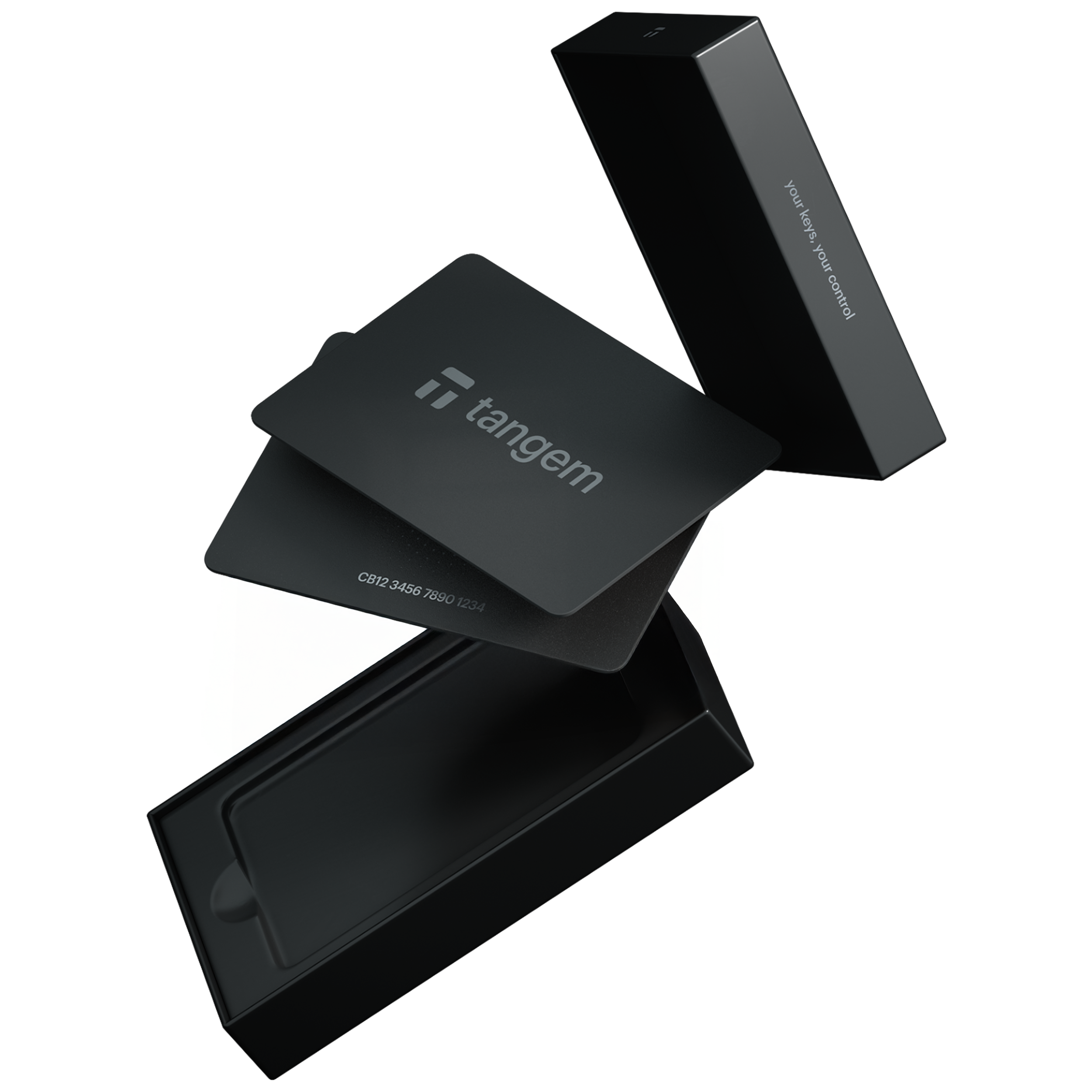 Dwie czarne karty kryptograficzne Tangem, częściowo wyjęte z pudełka.