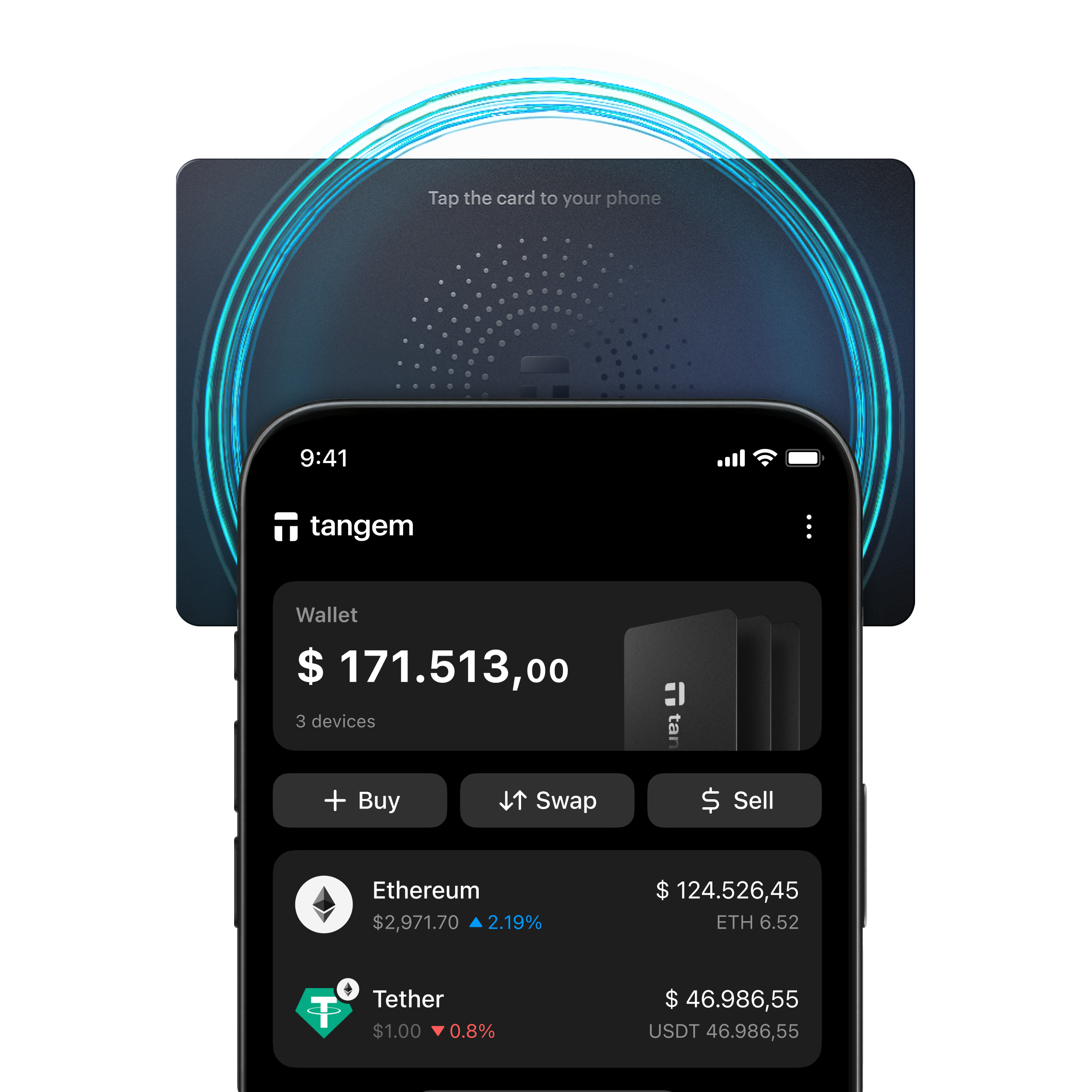 Telefon komórkowy pokazujący aplikację portfela cyfrowego, z kartą płatniczą w tle.