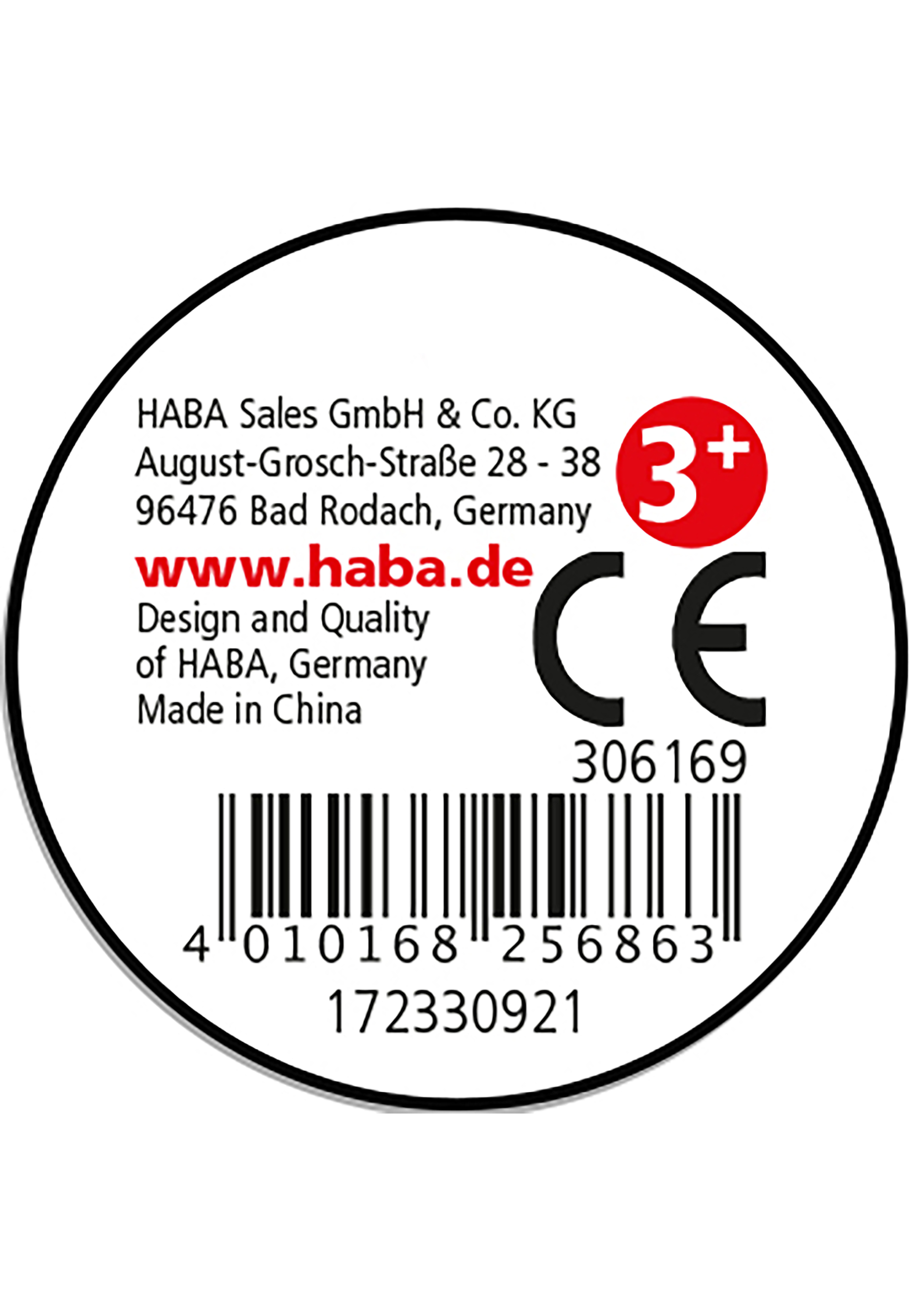 Ein rundes Etikett mit Text und Barcode. Das Etikett enthält den Text 'HABA' und das CE-Zeichen.