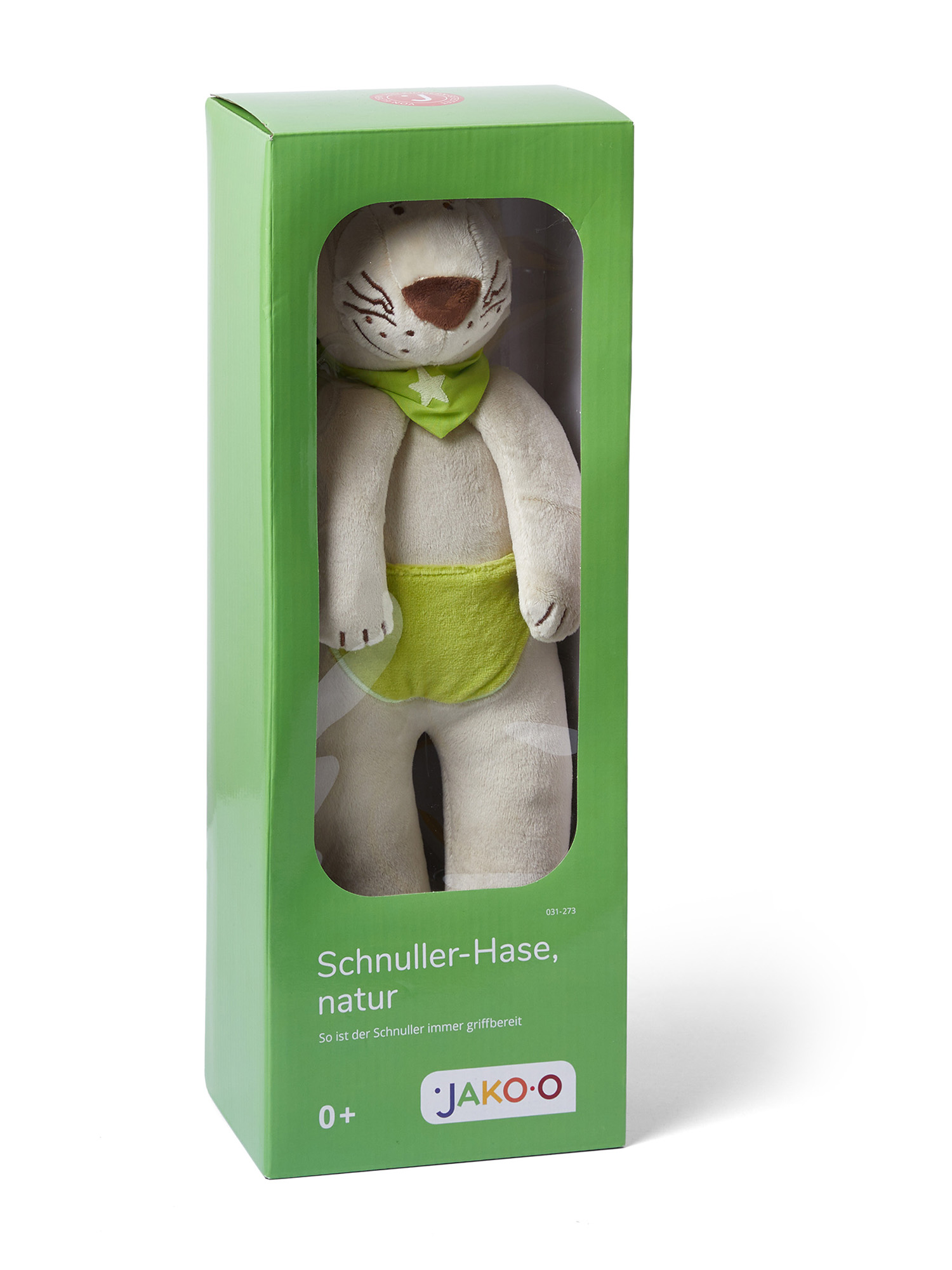Grüne Box mit einem Plüschtier-Kaninchen darin, weißer Hintergrund.