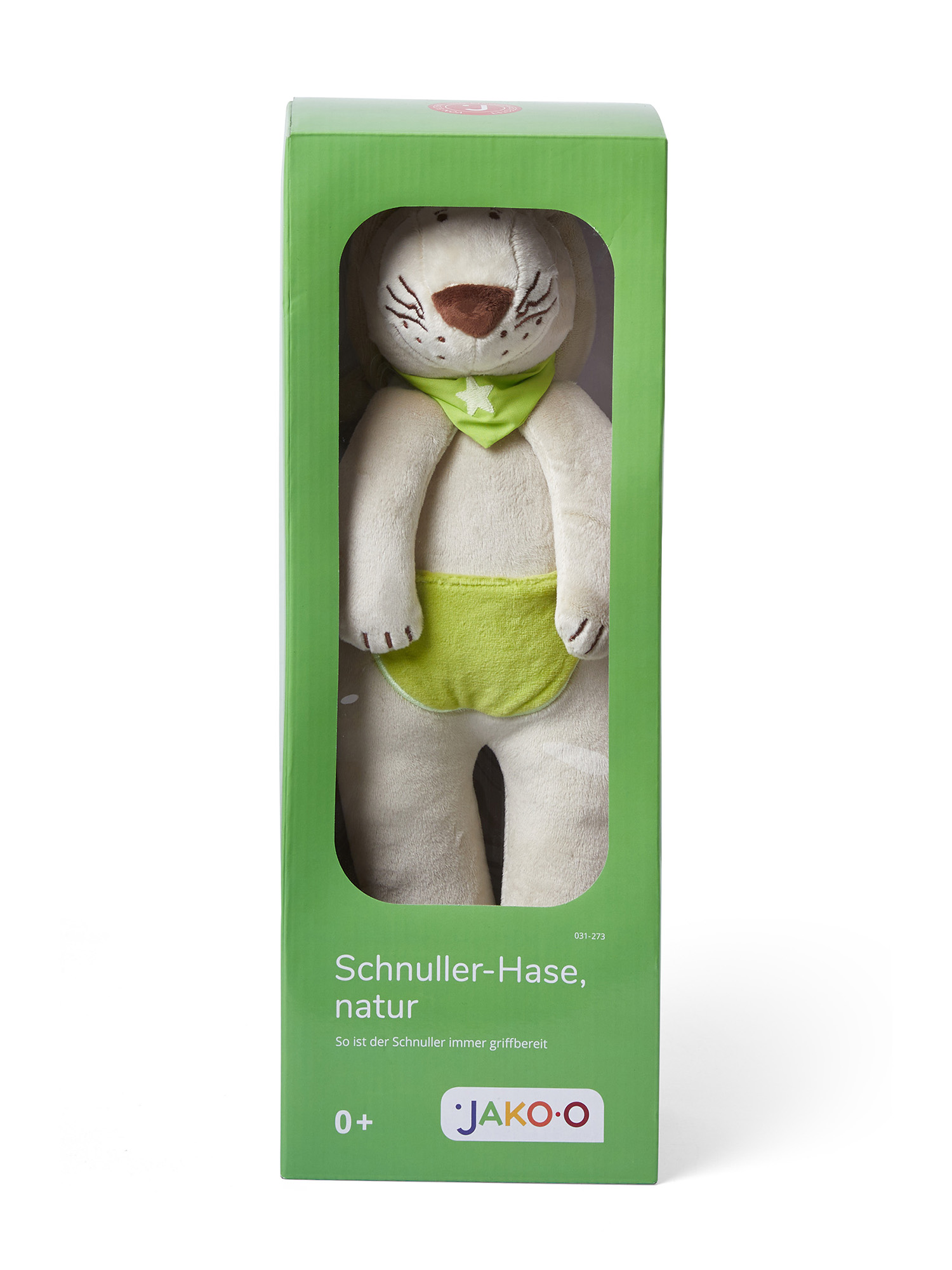 Spielzeughase in einer grünen Box, trägt eine grüne Latzhose. Die Box sagt 'Schnuller-Hase'.