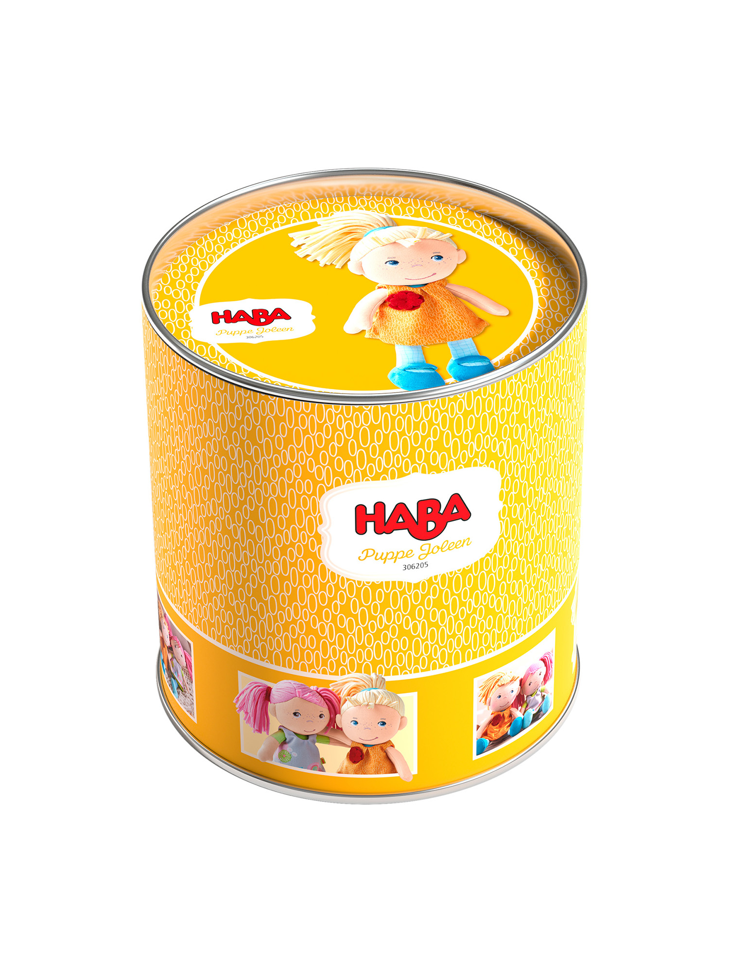 Puppe in zylindrischer Box, mit gelbem Hintergrund.