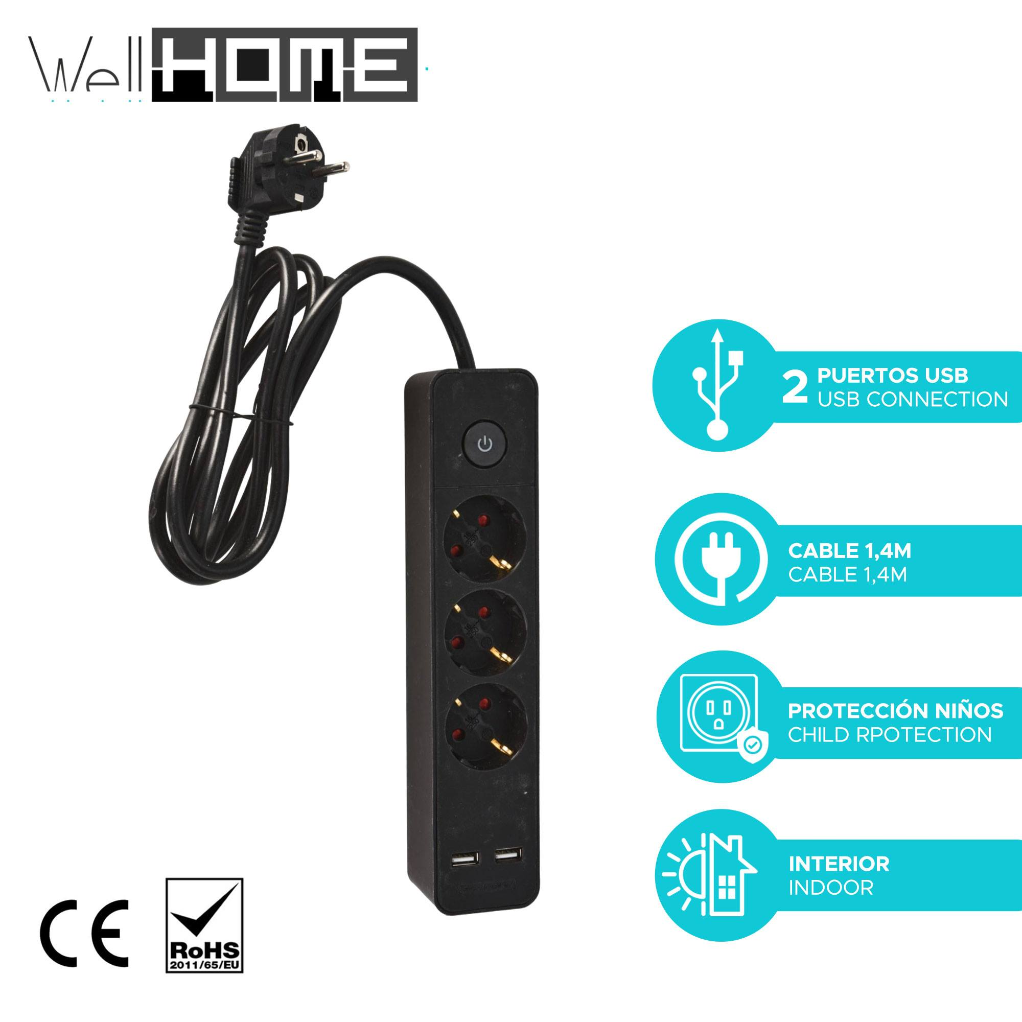 Regleta negra con enchufe, 3 tomas, 2 puertos USB y características de seguridad. Fondo blanco.