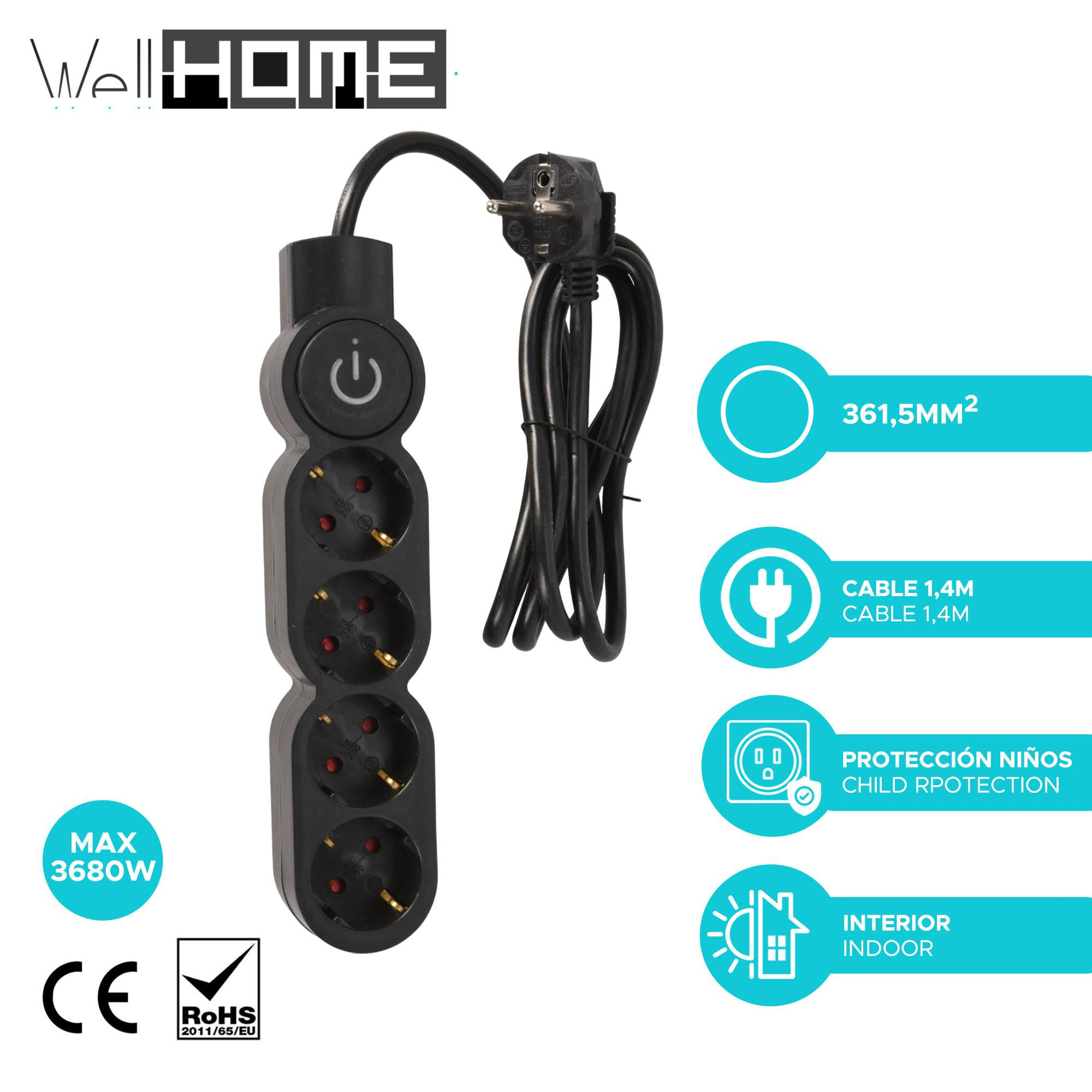 Regleta eléctrica negra y blanca con 4 enchufes. Tiene un botón de encendido y varias funciones de seguridad.