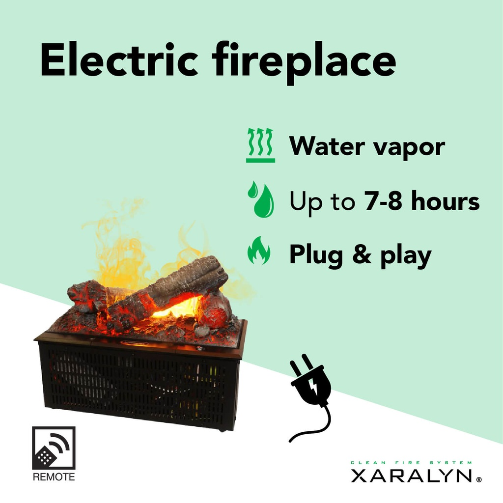 Een elektrische open haard met waterdamp, tot 7-8 uur en plug & play. Het heeft een afstandsbediening en een stekkerillustratie.