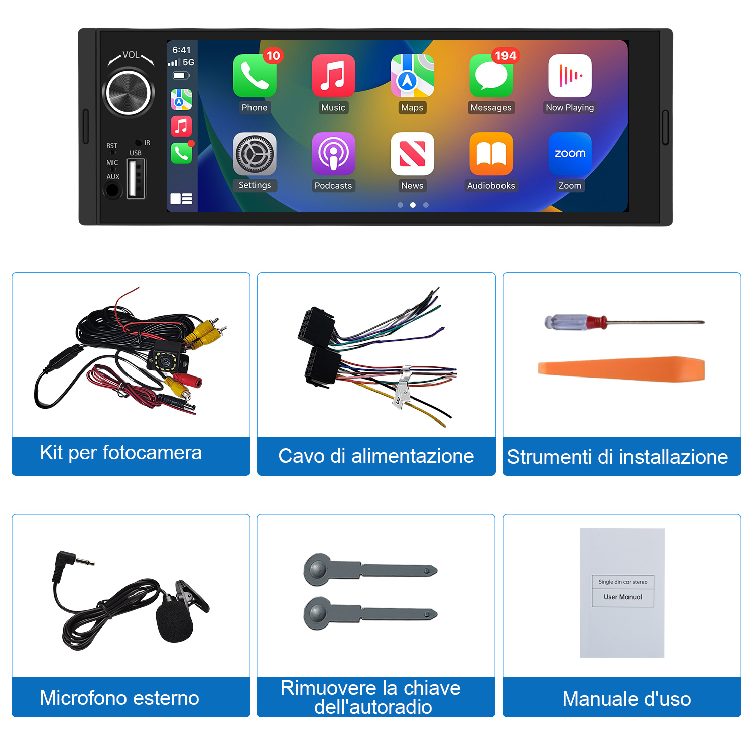 Autoradio con icone, cavi e strumenti di installazione. Include un microfono e un manuale utente.