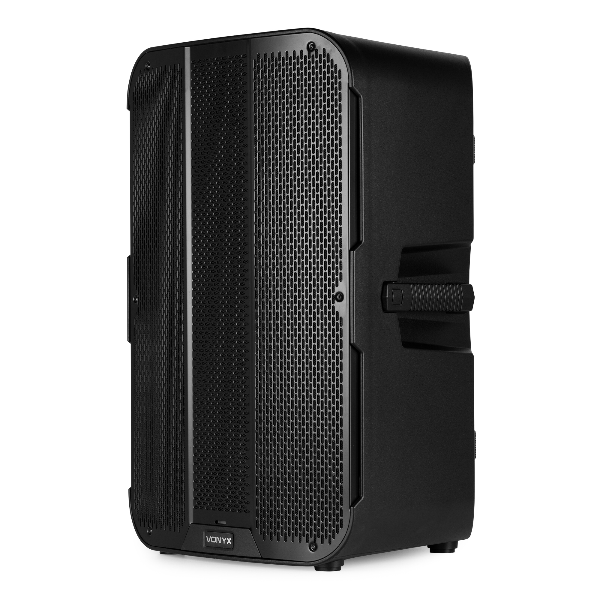 Altavoz negro, vista frontal. Tiene una rejilla y un asa, y es rectangular.