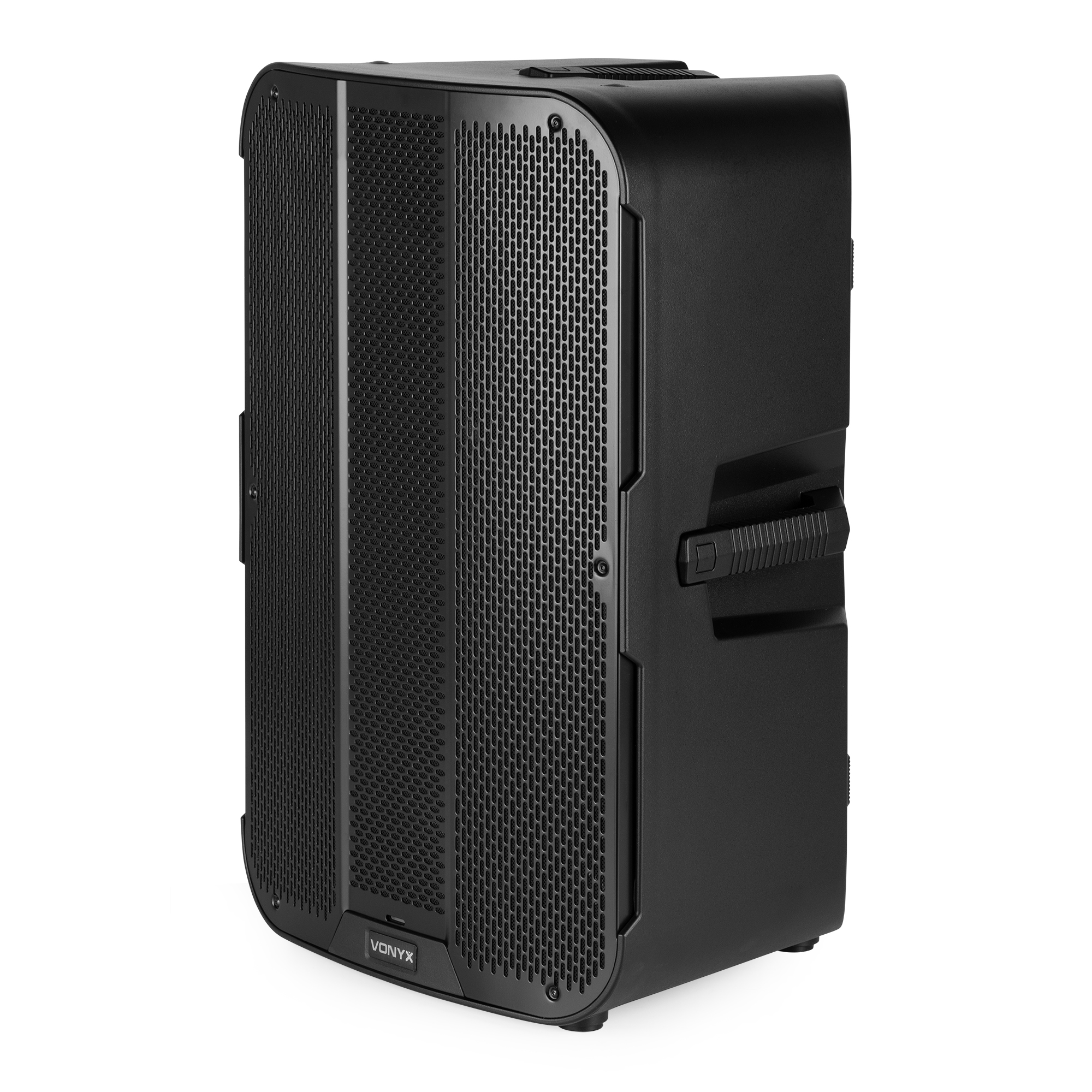 Un altavoz negro con una parte frontal de malla. Tiene un logotipo de Vonyx, inclinado hacia un lado.