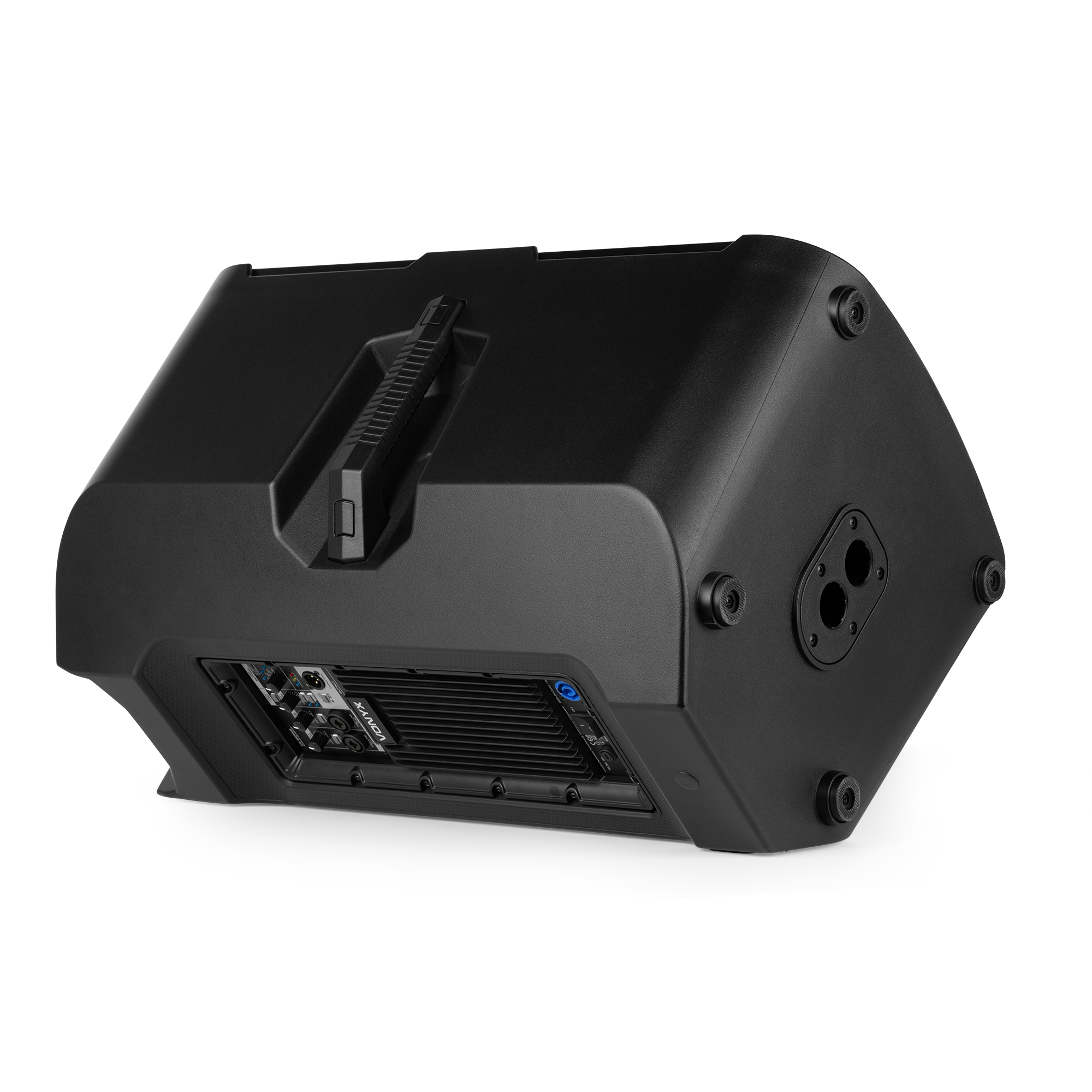 Altavoz negro en ángulo para mostrar la parte trasera y lateral.