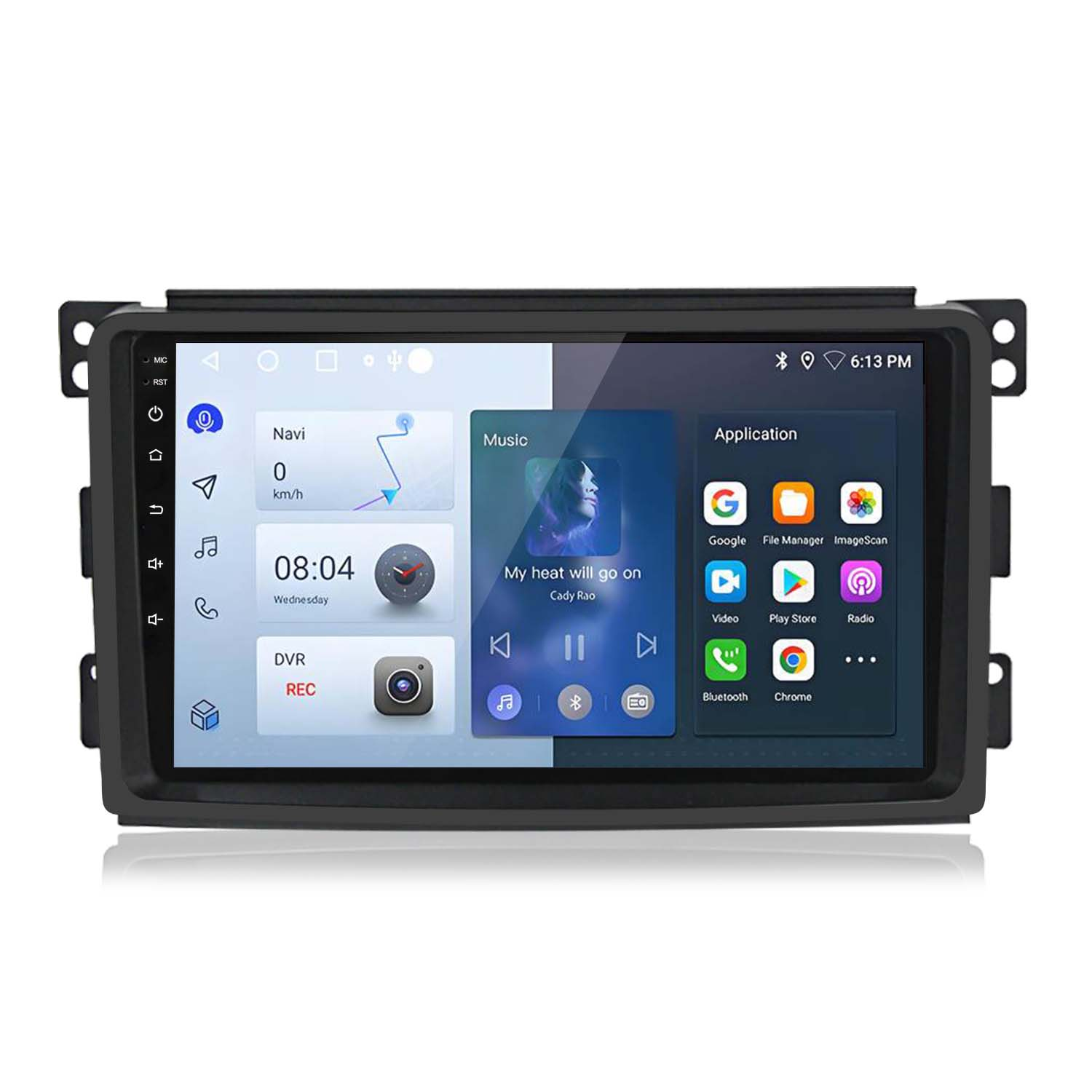 Lettore multimediale per auto con cornice nera e display con navigazione e app.