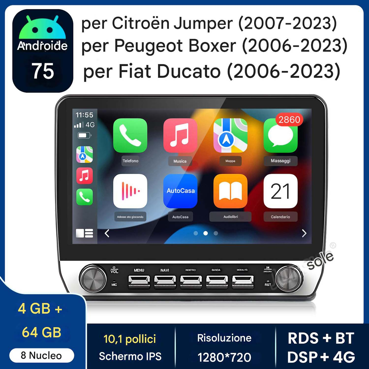 Un'autoradio con schermo, pulsanti e icone delle app.