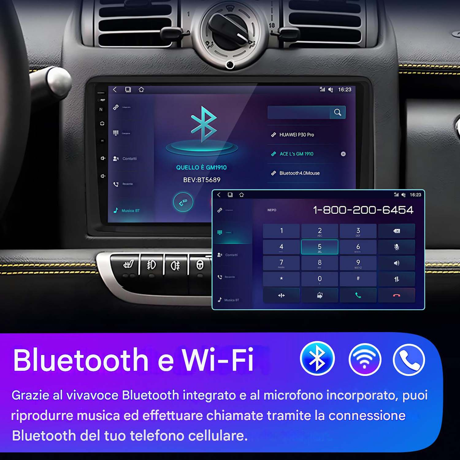 Schermo del cruscotto dell'auto che mostra un'interfaccia di navigazione e funzioni telefoniche con icone Bluetooth e Wi-Fi.
