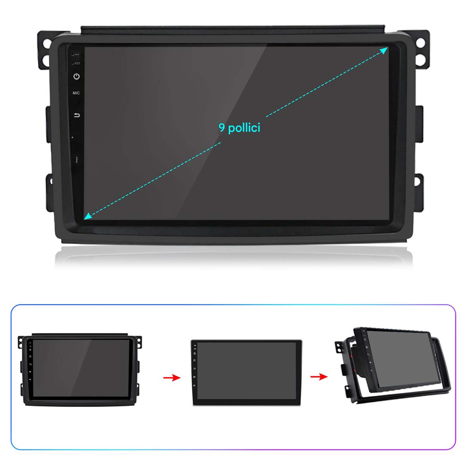 Schermo autoradio. Mostra lo schermo con un display da 9 pollici con frecce e tre viste aggiuntive.