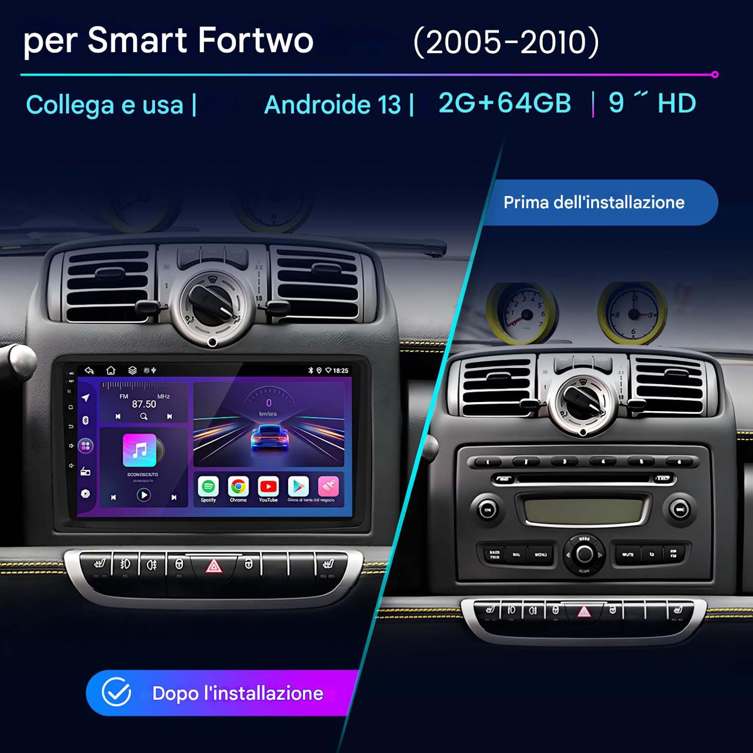 Cruscotto dell'auto prima e dopo l'installazione di un touchscreen. L'autoradio originale è a destra.
