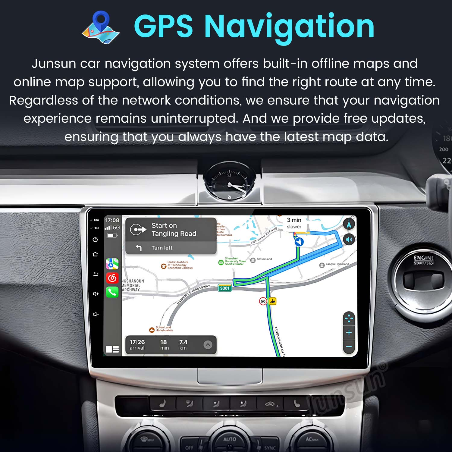 Schermo del cruscotto dell'auto che mostra una mappa di navigazione GPS, i dettagli del percorso e il limite di velocità.