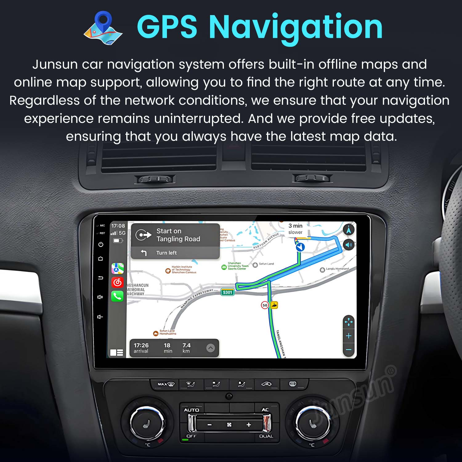 Il cruscotto dell'auto mostra la mappa di navigazione GPS. Mostra il percorso con linee blu. Controlli, pulsanti e bocchette dell'auto visibili.