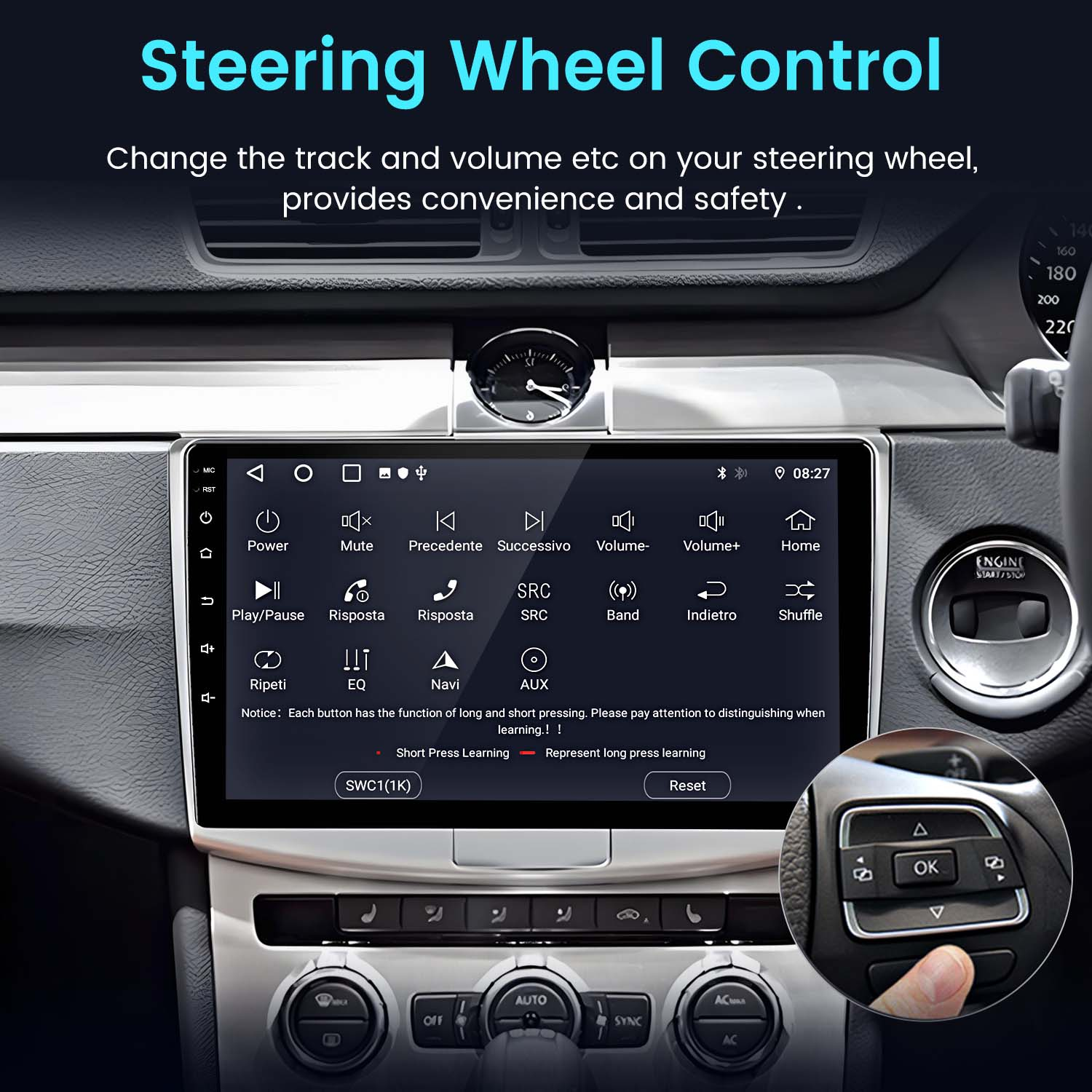 Touchscreen dell'auto che mostra varie funzioni, tra cui musica, navigazione e impostazioni dell'auto. Viene mostrato il controllo del volante.