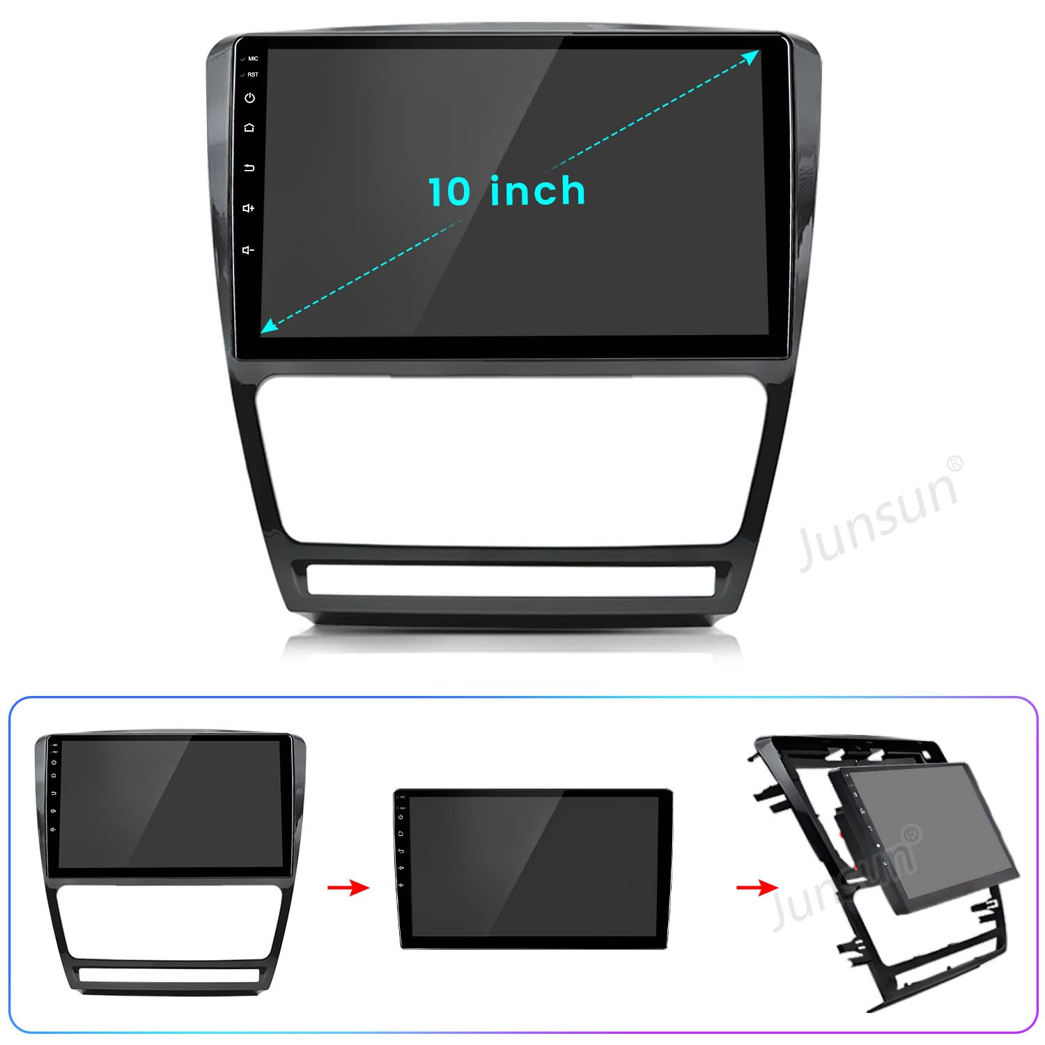 Schermo auto nero con display da 10 pollici e cornice nera. Vengono mostrati diversi passaggi di assemblaggio.