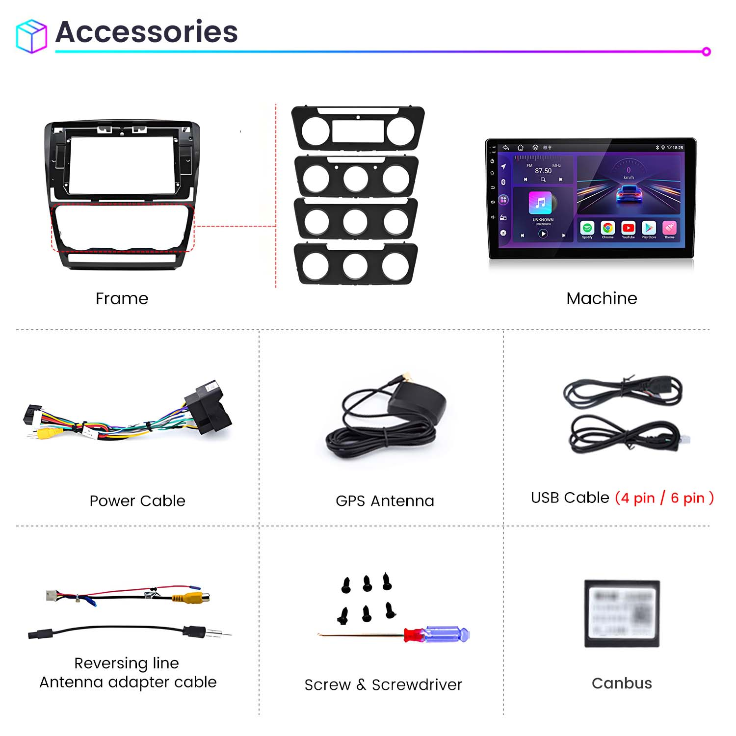Sono esposti vari accessori per autoradio, tra cui un telaio, cavi, antenna GPS e una macchina touchscreen.