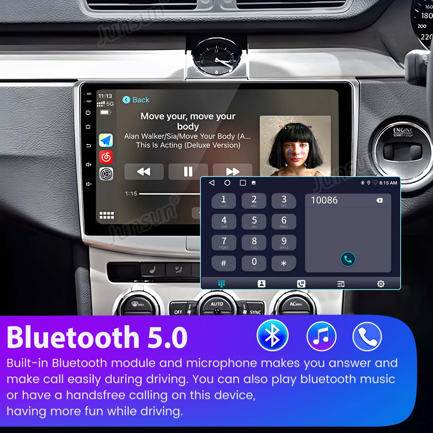 Schermo multimediale per auto con musica, tastierino telefonico e icona Bluetooth 5.0. Cruscotto e testo sottostante.