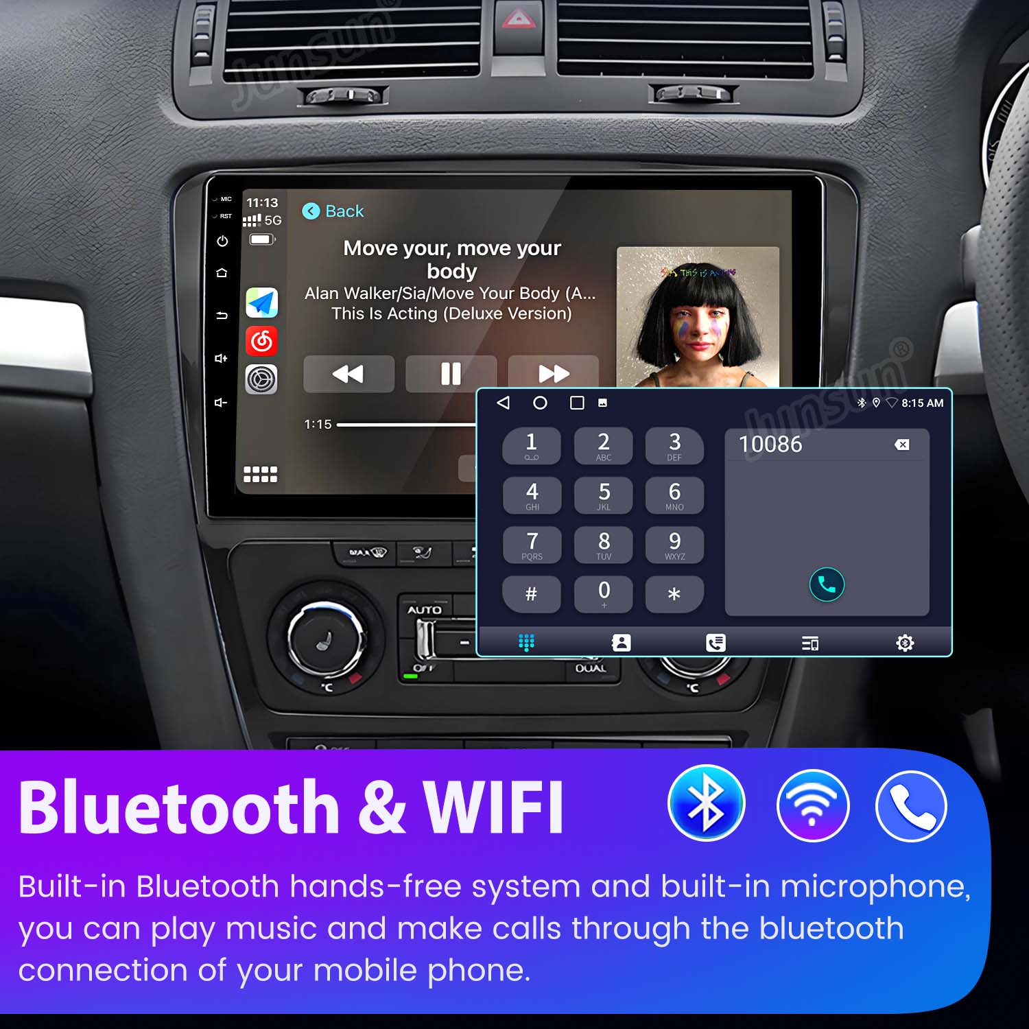Schermo multimediale per auto che mostra musica e un tastierino telefonico, con testo su Bluetooth e WiFi.
