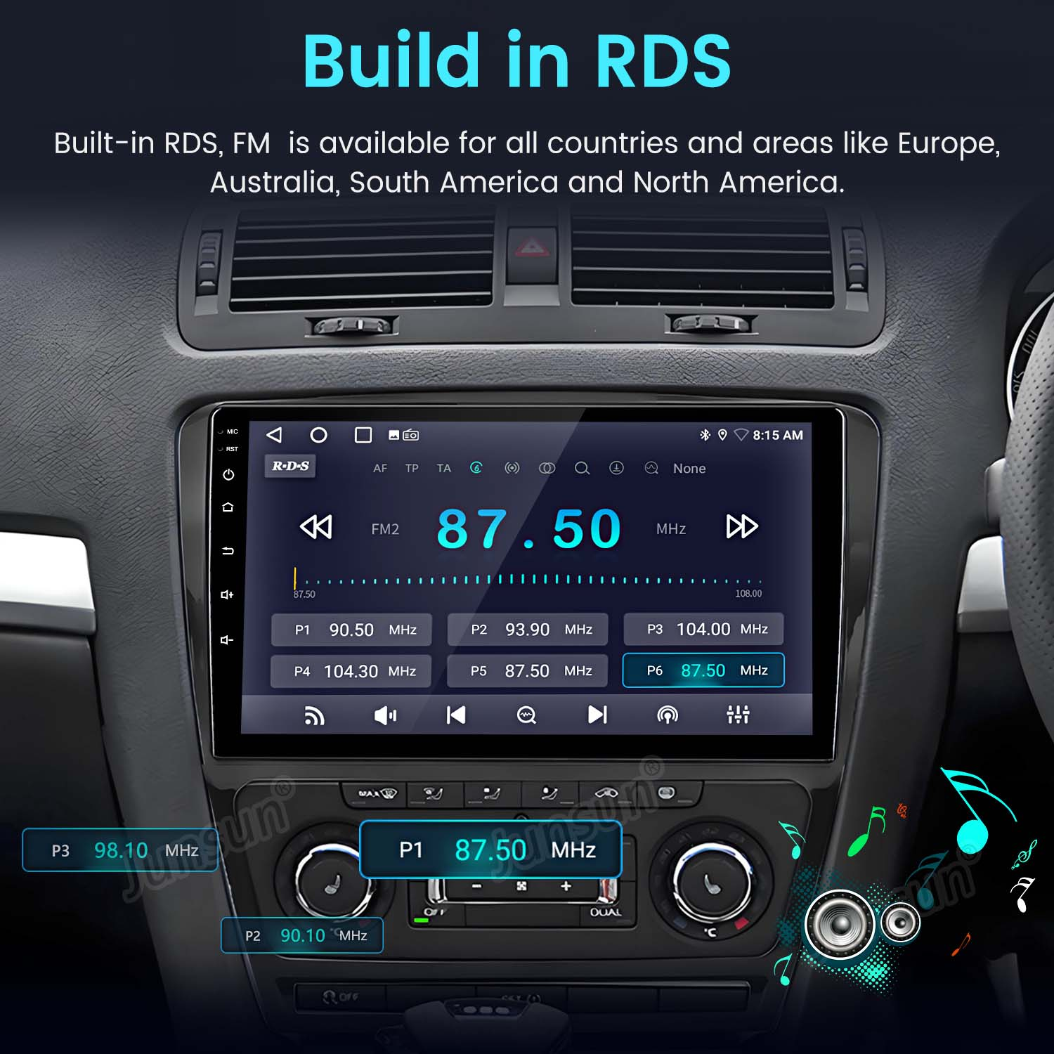 Schermo dell'autoradio che mostra le funzioni Bluetooth e Wi-Fi. Sono visibili le icone Bluetooth, Wi-Fi e telefono.