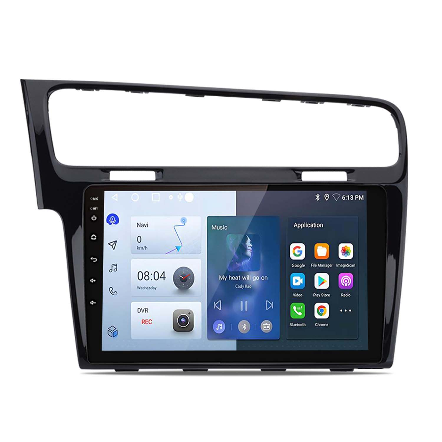 Schermo multimediale dell'auto che mostra navigazione, controlli musicali, applicazioni e ora. Cornice nera.