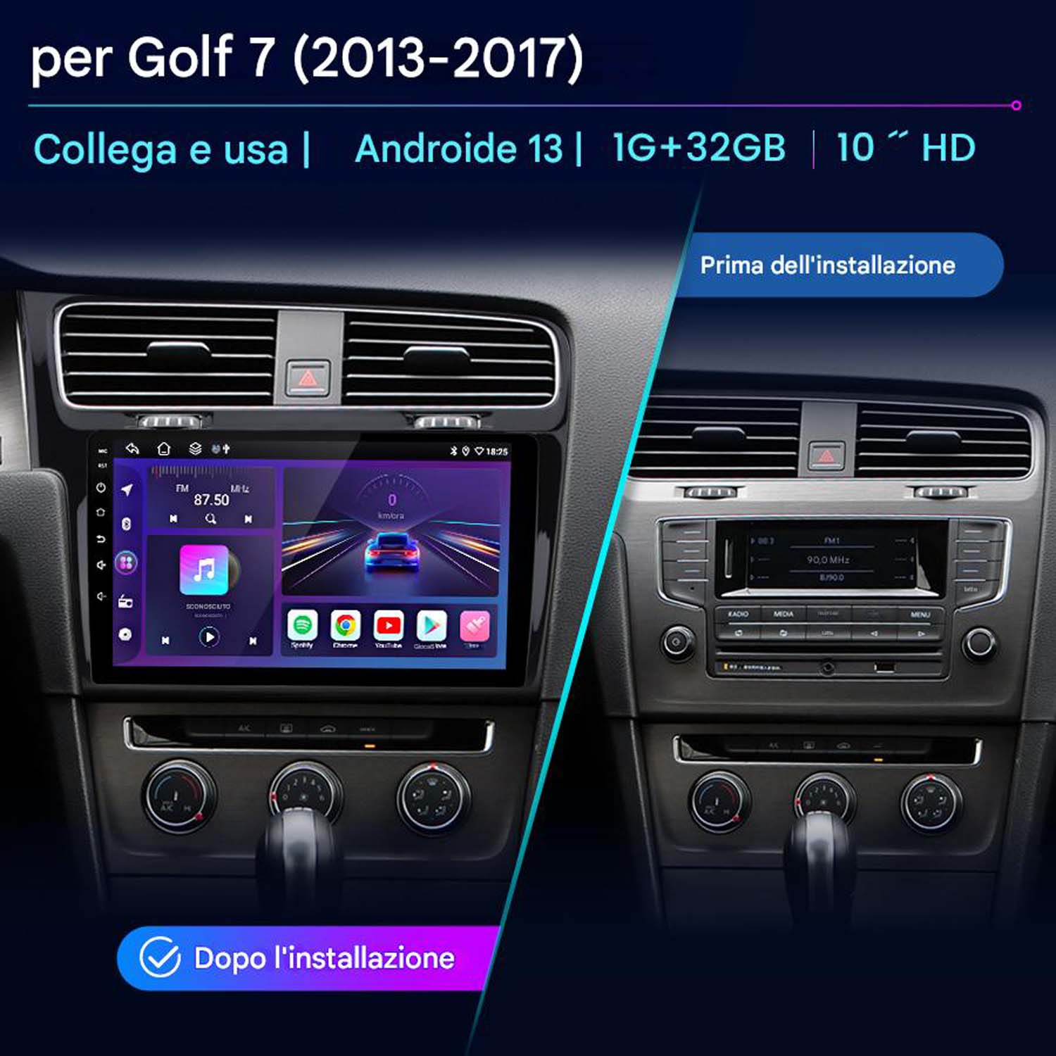 Interni auto con un nuovo impianto stereo installato, rispetto al vecchio prima dell'installazione.