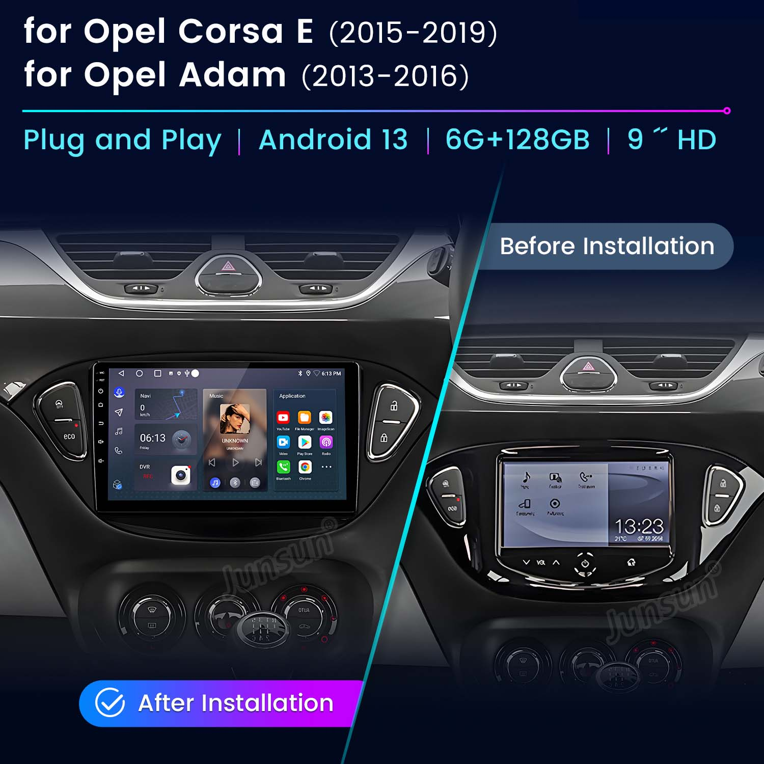 Sistema multimediale per auto prima e dopo l'installazione. Lo schermo mostra musica e icone delle app. Sovrapposizione testo.