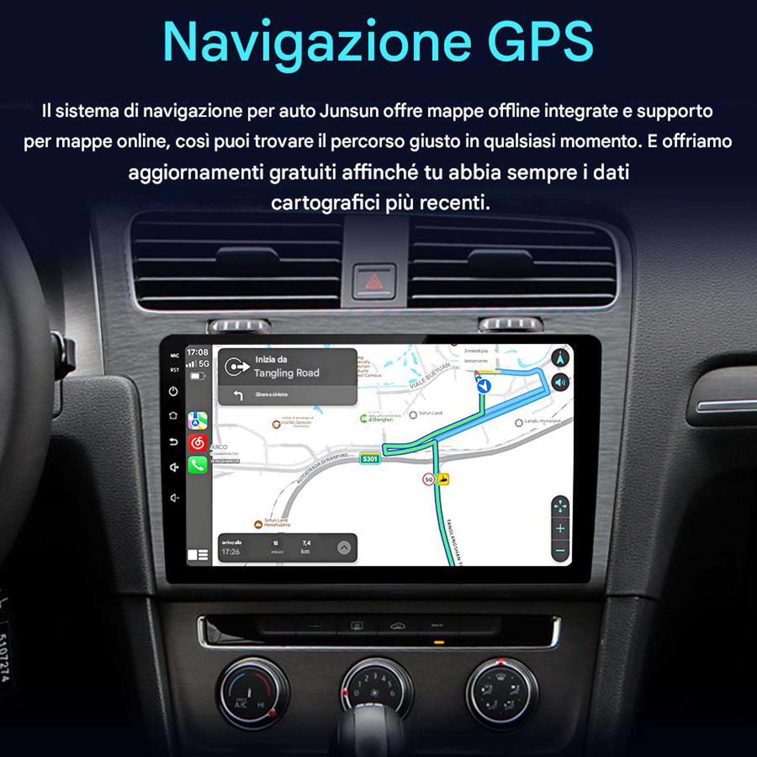 Schermo dell'autoradio che mostra la mappa di navigazione GPS con un percorso segnato. Lo stereo è in un cruscotto scuro.