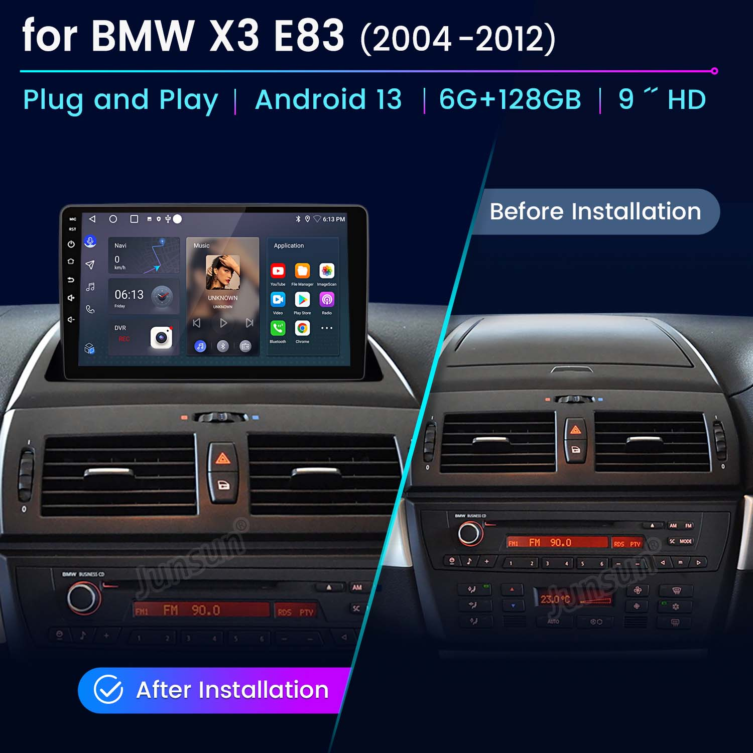 Prima e dopo l'installazione di un'autoradio in una BMW X3 E83, con un confronto tra le unità originali e nuove.