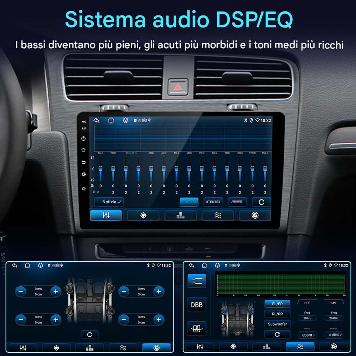 Lo schermo dell'autoradio visualizza le impostazioni dell'equalizzatore. Mostra le barre dell'equalizzatore e i controlli del subwoofer.