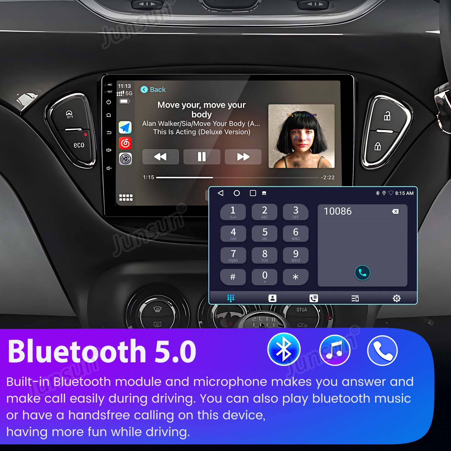 Schermo dell'autoradio che mostra un'interfaccia musicale con una canzone in riproduzione e un'interfaccia di composizione telefonica.