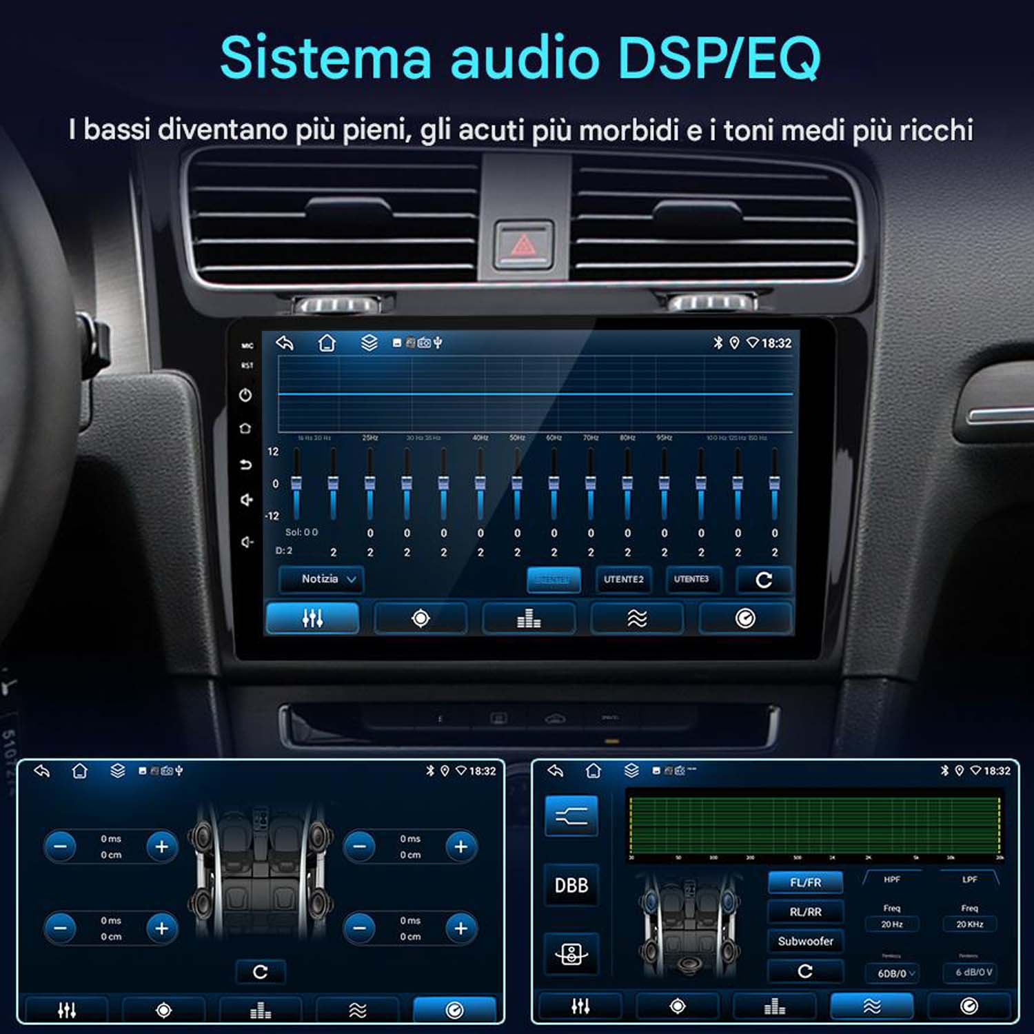 Lo schermo dell'autoradio visualizza le impostazioni dell'equalizzatore. Mostra le barre dell'equalizzatore e i controlli del subwoofer.
