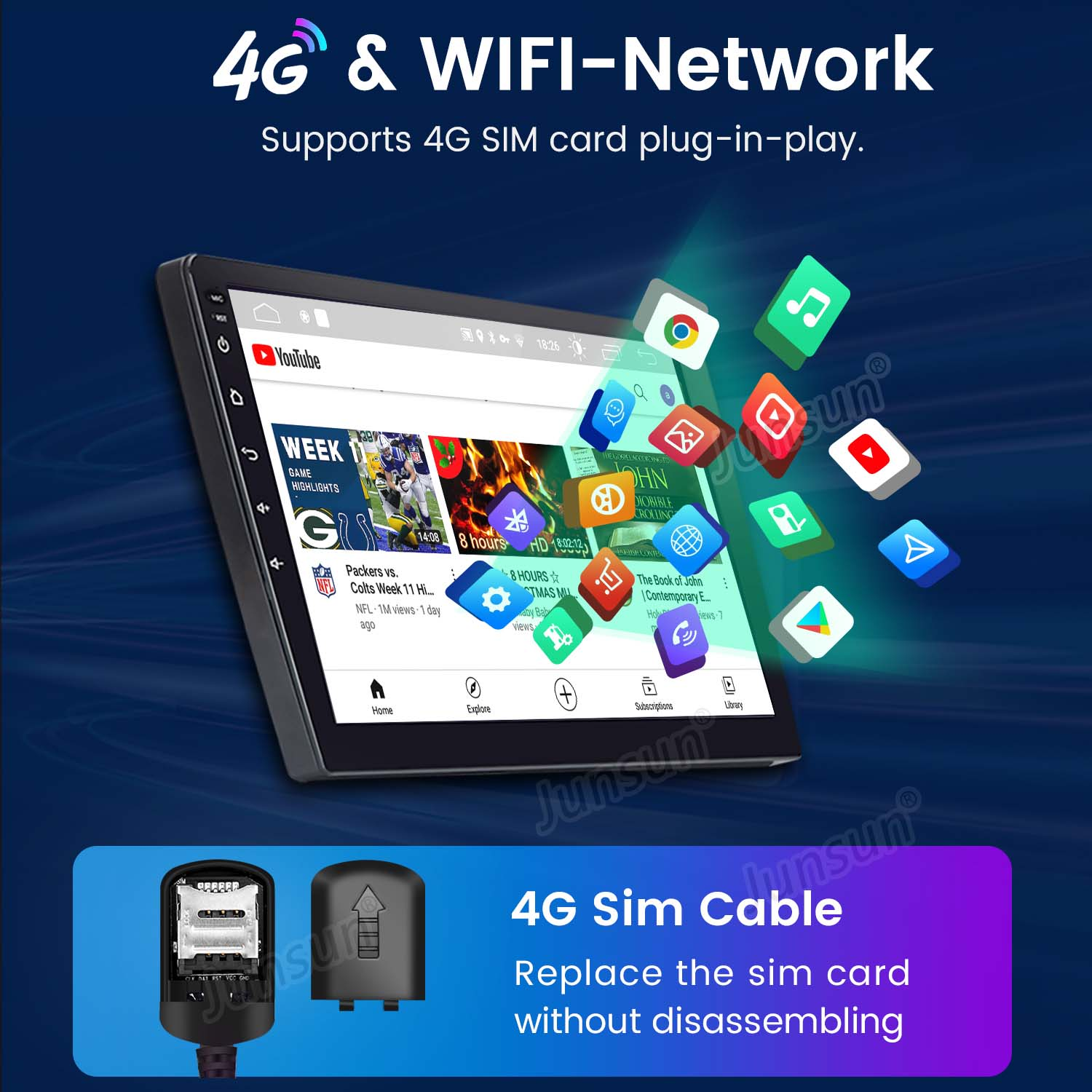 Autoradio con slot per SIM 4G, che mostra icone delle app e contenuti in streaming, promuovendo la connettività 4G.