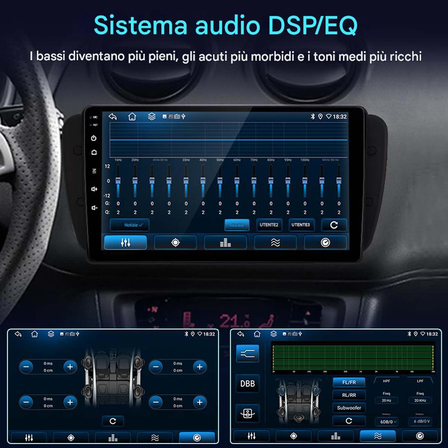 Interfaccia del sistema DSP/EQ dell'autoradio, che mostra impostazioni audio e visualizzatori, con controlli dettagliati.