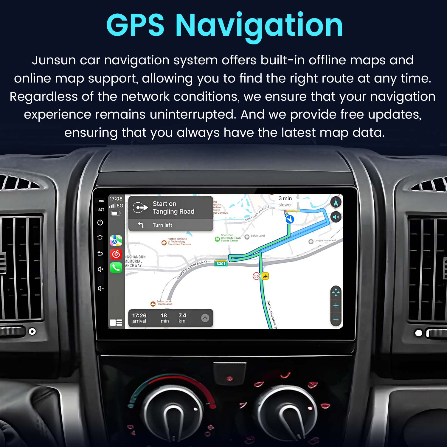 Lo schermo dell'auto mostra la navigazione GPS con una mappa. Lo schermo è montato sul cruscotto.