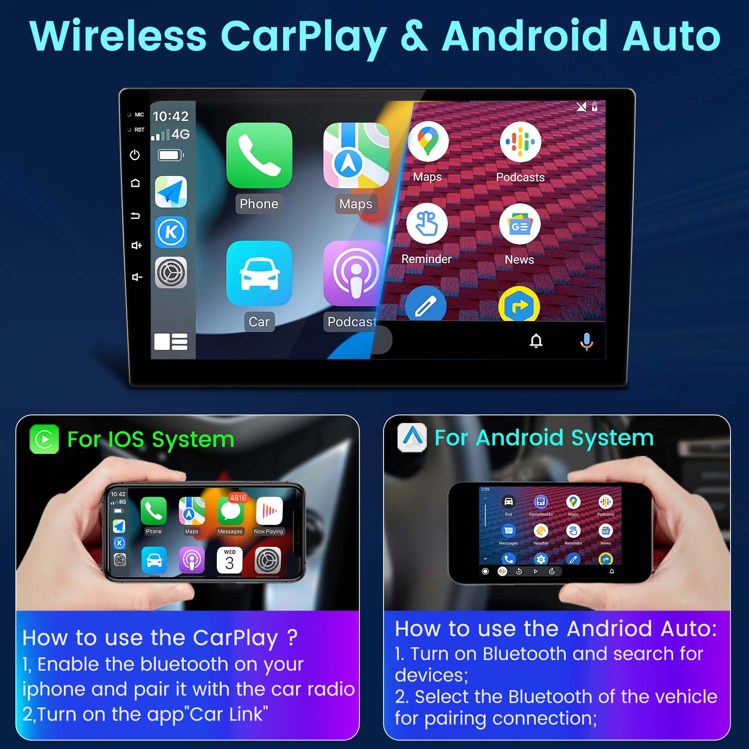 Schermo dell'autoradio che mostra la configurazione di CarPlay e Android Auto. Istruzioni per collegare i telefoni.