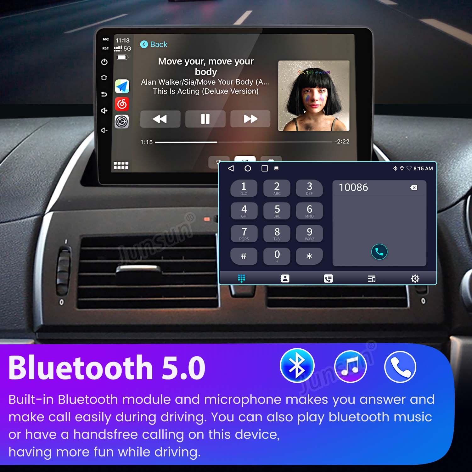 Schermo multimediale per auto con interfaccia musicale e telefonica. Mostra traccia musicale, tastierino e icona Bluetooth 5.0.