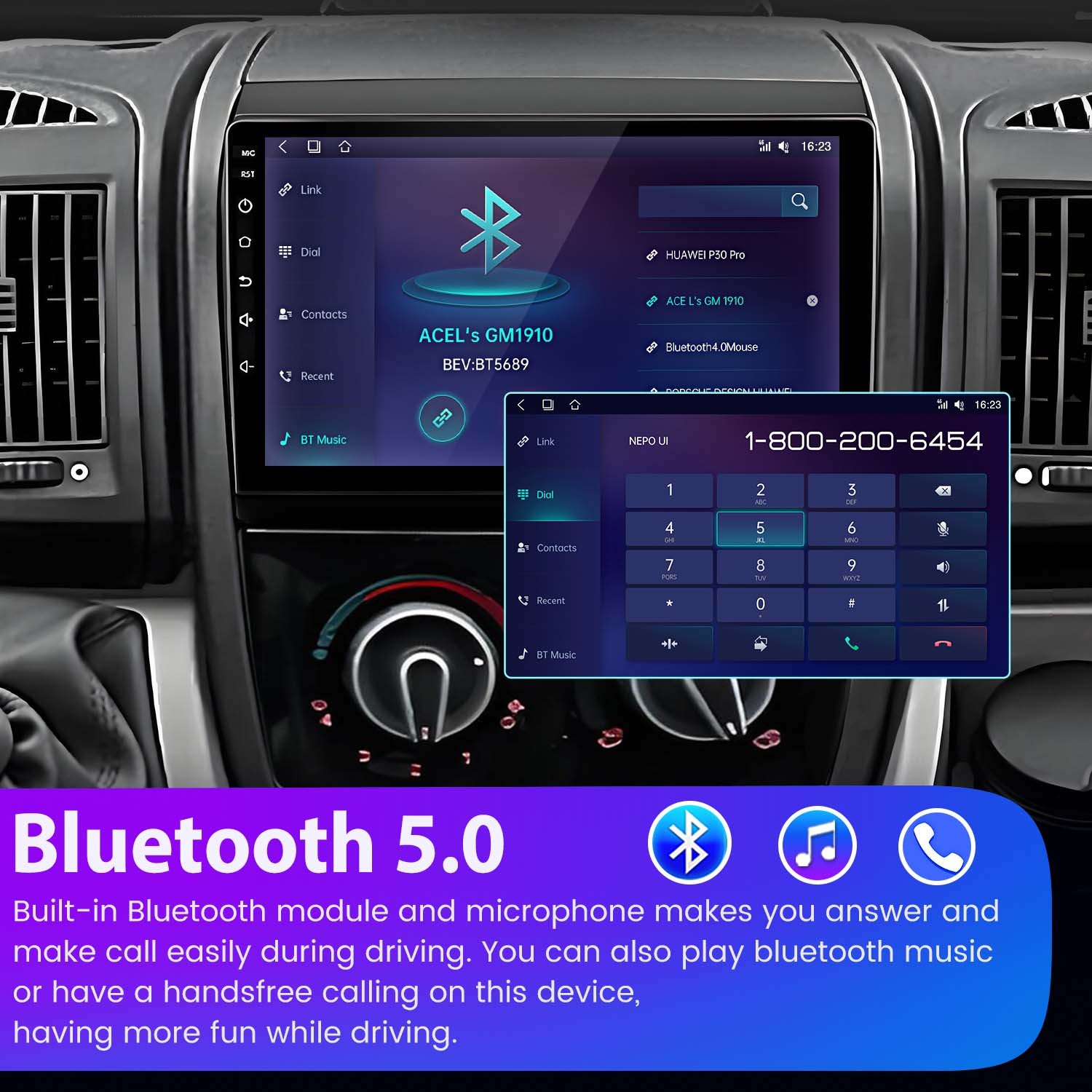 Schermo multimediale per auto che mostra le funzioni Bluetooth 5.0, con testo sulle chiamate in vivavoce e musica.