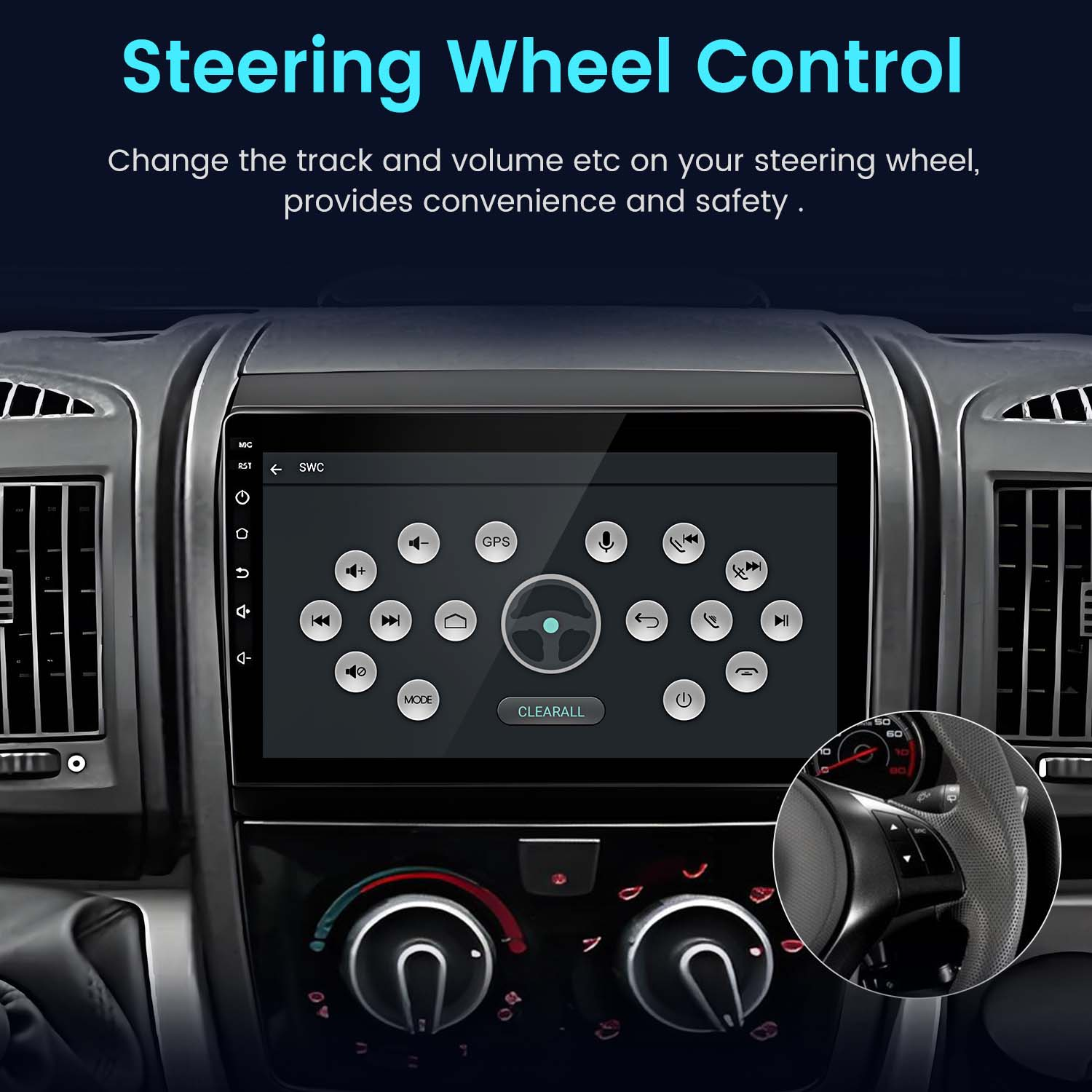 Touchscreen dell'auto che mostra le impostazioni. Sono visibili anche i comandi al volante e il cruscotto dell'auto.