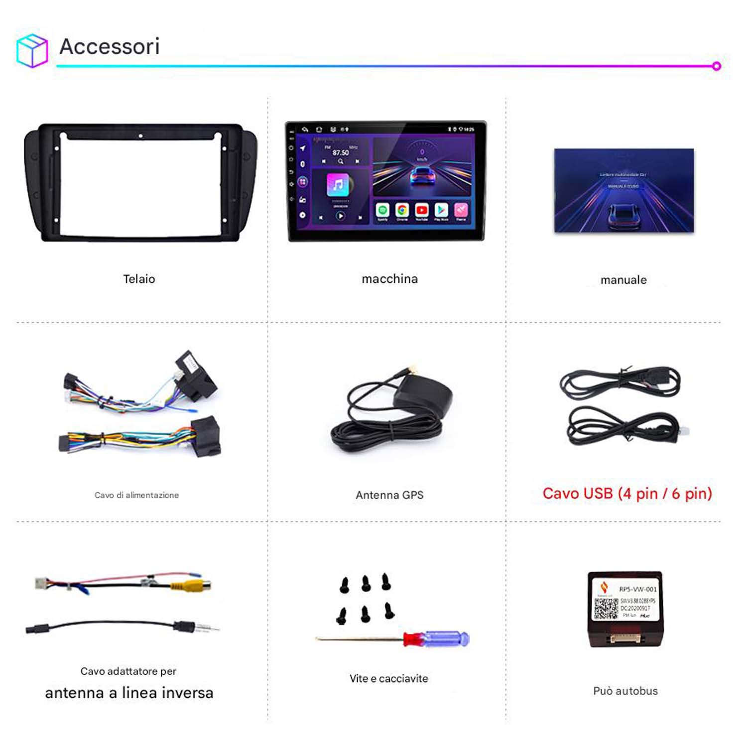 Vari componenti stereo per auto, tra cui un telaio, schermo e cavi, disposti su una superficie bianca.