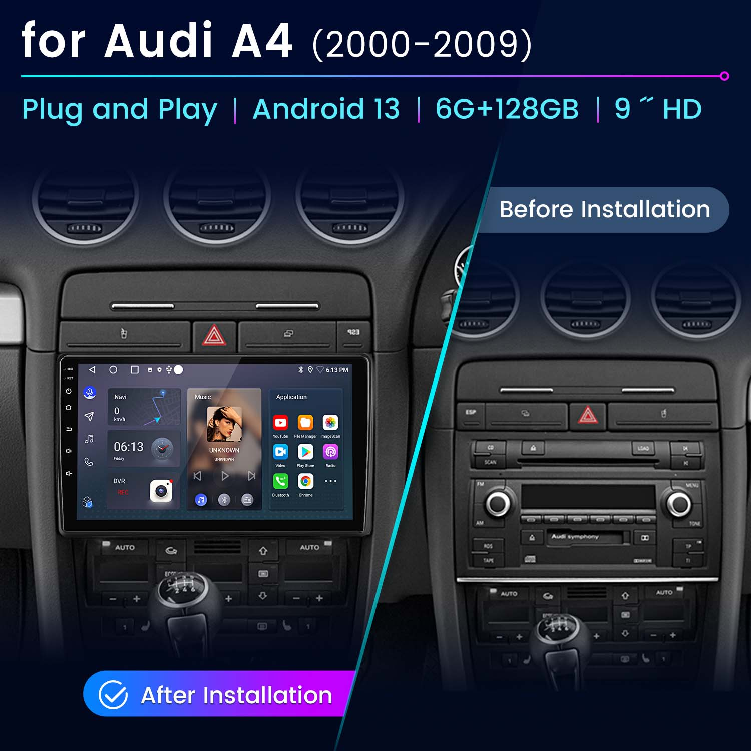 Cruscotto dell'auto prima e dopo l'installazione di un touchscreen. L'autoradio originale è a destra.