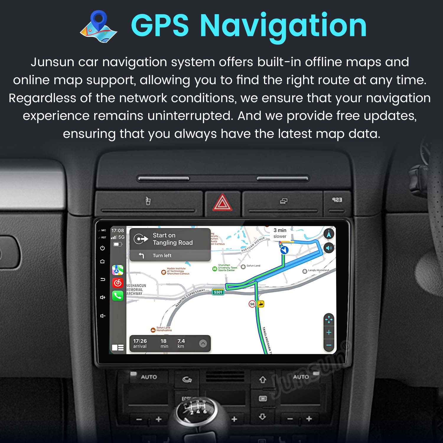 Display dell'autoradio che mostra la navigazione GPS con mappa, ora di arrivo e informazioni sul percorso, in un cruscotto.
