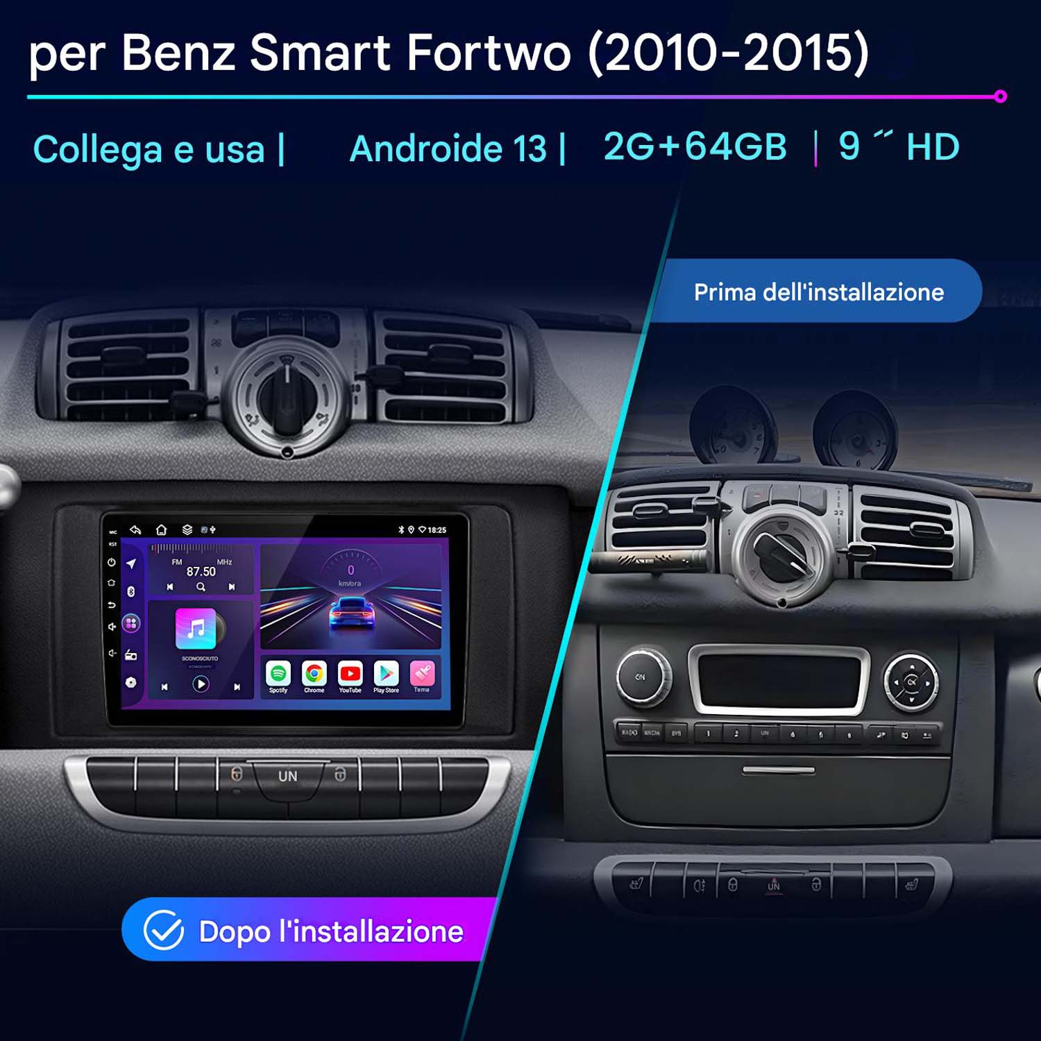 Cruscotto dell'auto con schermo che mostra l'interfaccia musicale con le icone delle app.