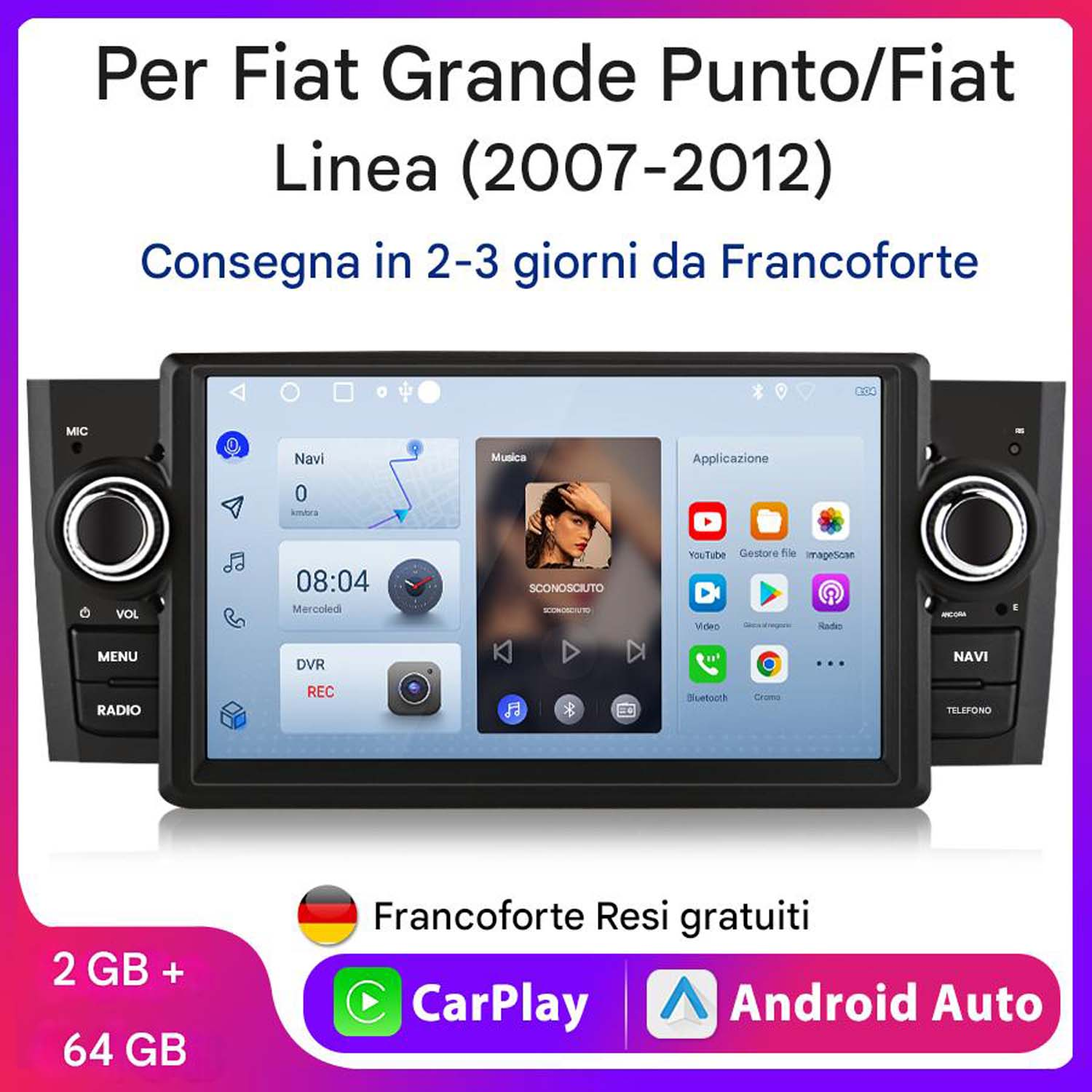 Autoradio con CarPlay e Android Auto. Visualizza l'interfaccia musicale e le icone delle app sullo schermo.